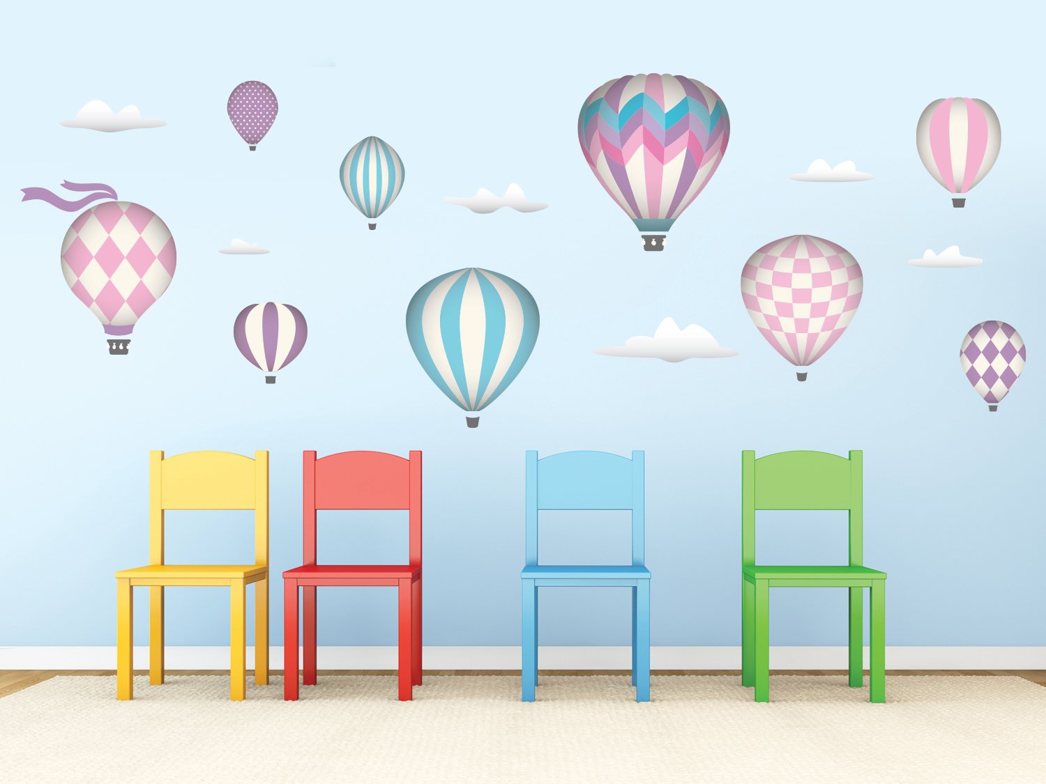 Jumbo Pink Hot Air Balloons Fabric Wall Decals - Set of 9 with Clouds - 5 Color Options | Nursery, Kids Room Decor, Birthday Party Backdrop