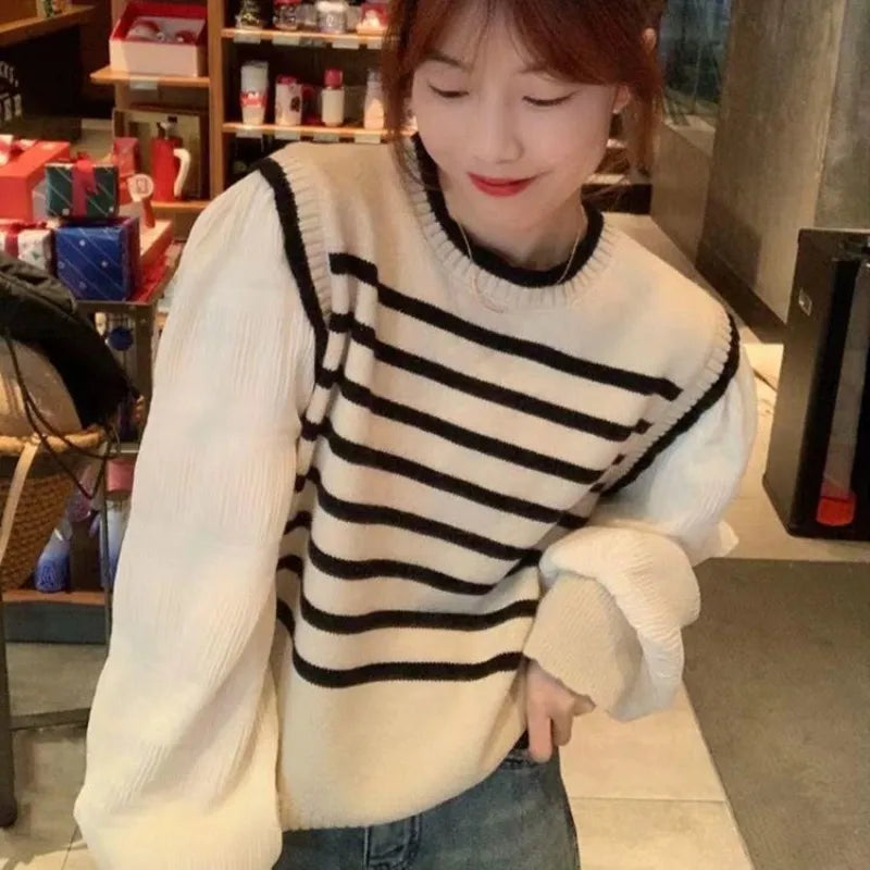 Women's Black & White Striped Knitted Two-Piece Sweater Set - Soft Korean-Style Pullover for Spring & Fall | Perfect for Casual Outings & Layered Outfits