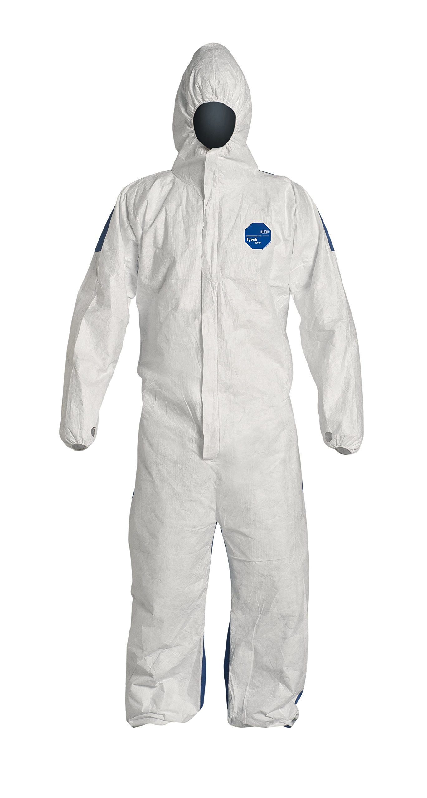 DuPont Tyvek 400D Protective Coverall with ProShield 10 Back - White/Blue Disposable Hazmat Suit with Front Zipper, Hood & Elastic Cuffs (X-Large, 25-Pack) - Ideal for Construction, Painting, Chemical Handling & Industrial Safety Work