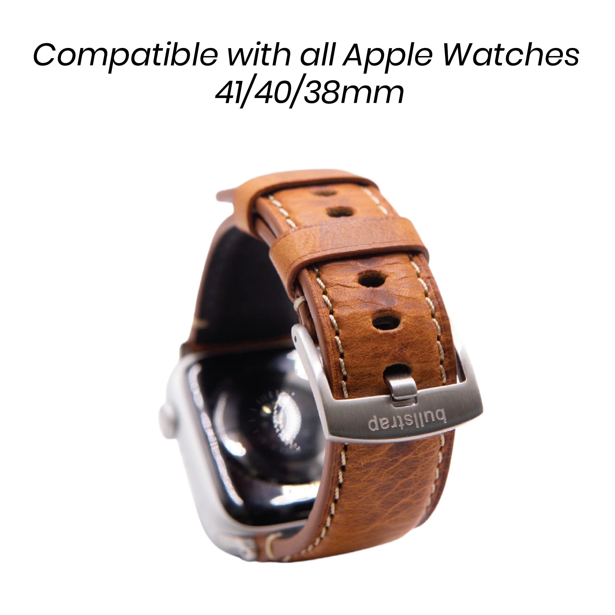 Premium Bullstrap Men's Full-Grain Italian Leather Watch Band - Compatible with Apple Watch Series 1-8 - Durable Luxury Replacement Strap for Business & Casual Wear