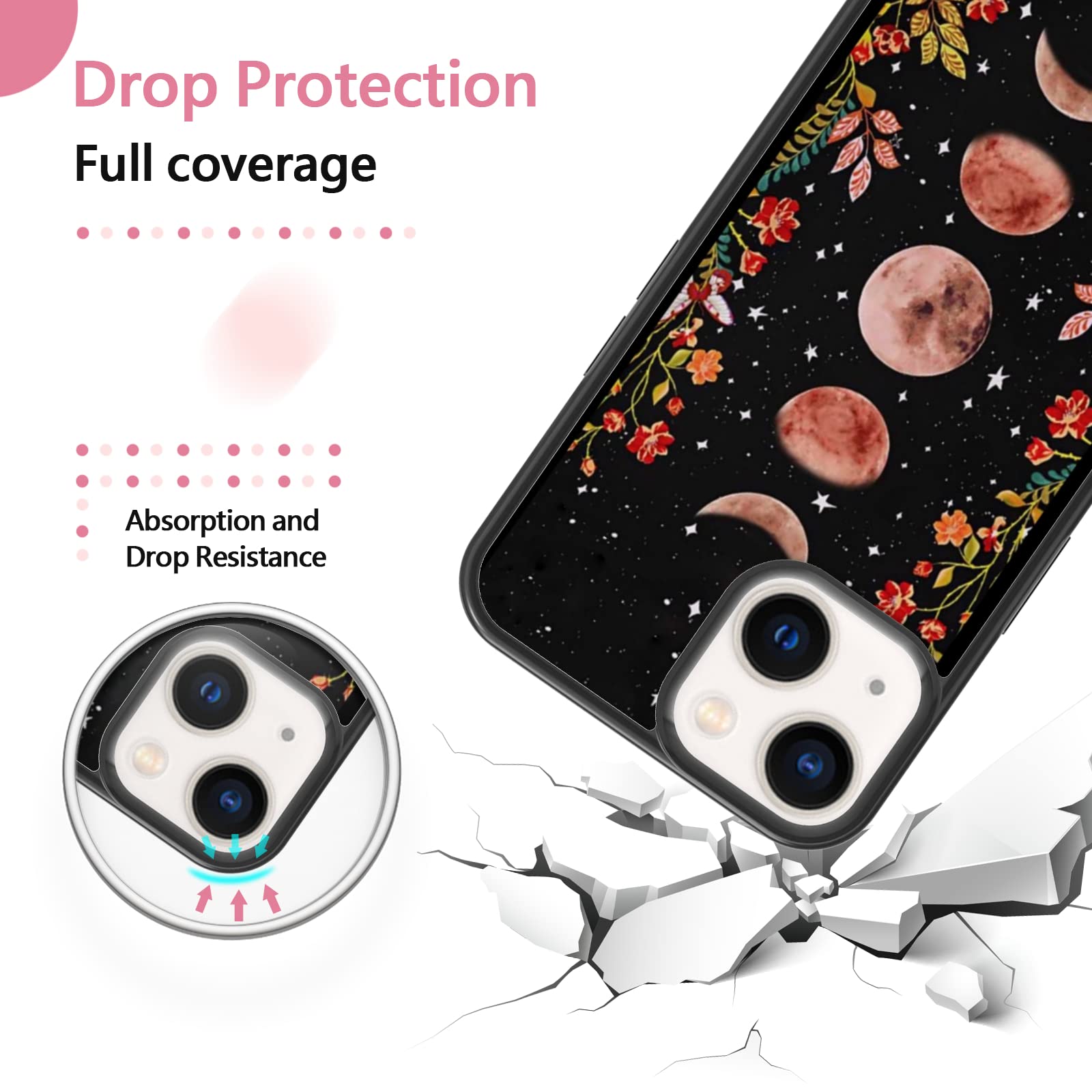 Moon Phase & Floral iPhone Case for iPhone 11/12/13 Mini/Pro/Max/XR/XS - Shockproof Protective Phone Cover with Vines & Flowers Design for Women | Perfect for Nature Lovers, Outdoor Adventures & Everyday Use