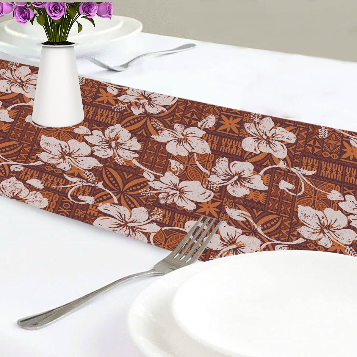 Vintage Hibiscus Tribal Red Table Runner 90 Inches - Retro Floral Hawaiian Tablecloth for Dining Room, Kitchen Decor - Perfect for Everyday Use, Summer Parties & Holiday Celebrations