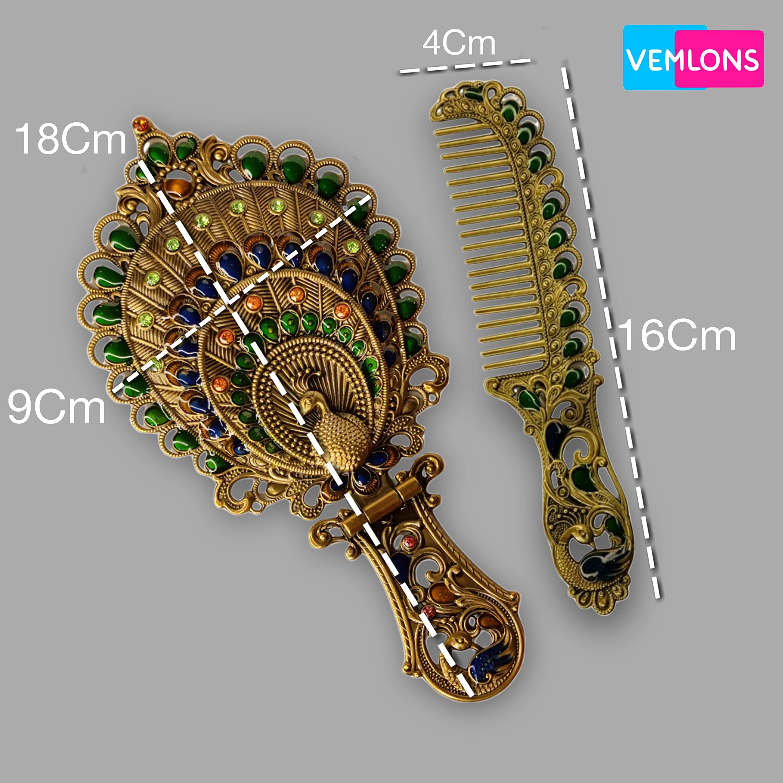 Vemlons Peacock Design Metal Mirror and Comb Set - Framed Oval Tabletop Vanity Mirror with Decorative Stand - Perfect for Dressing Table, Makeup, and Home Decor