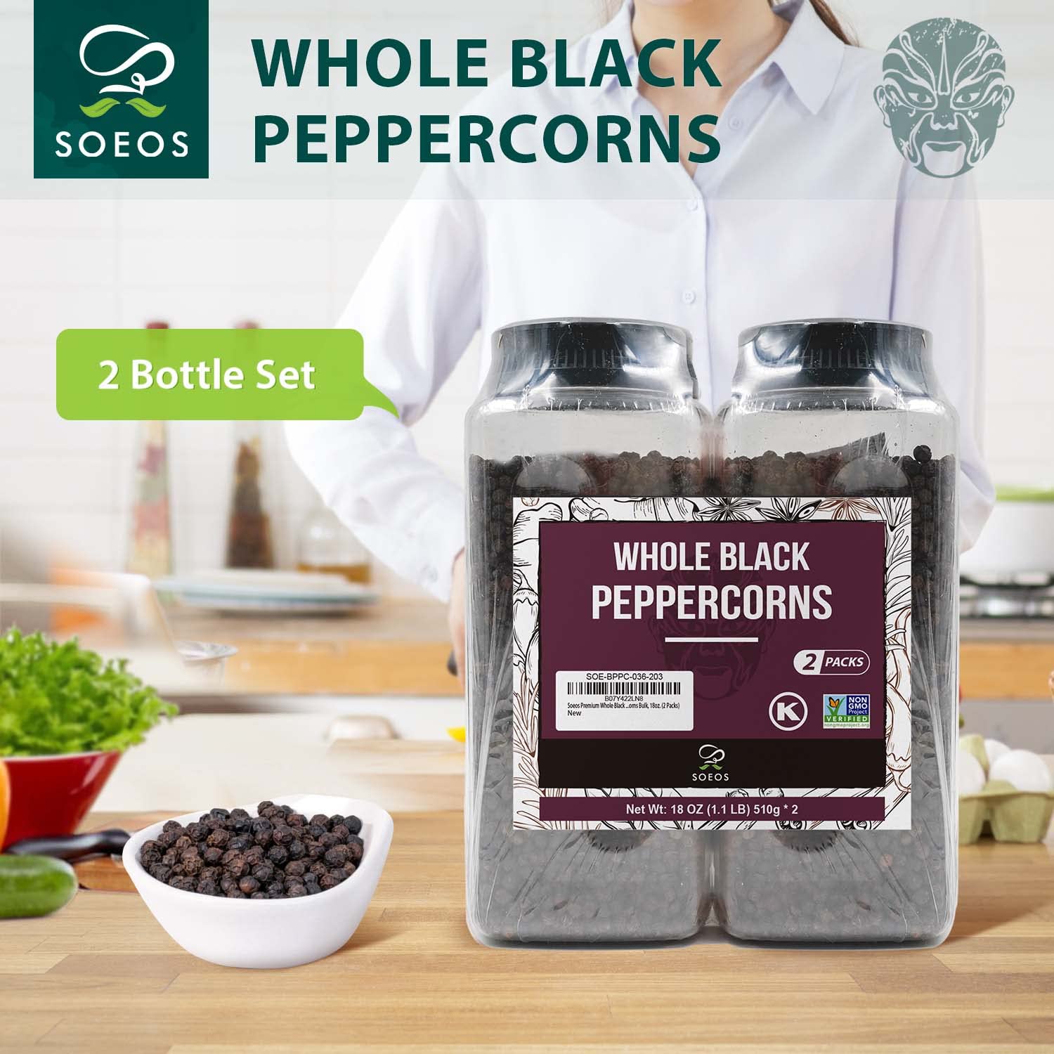 Soeos Premium Whole Black Peppercorns - 36oz (2-Pack) | Non-GMO, Kosher Certified | Freshness-Sealed for Grinder Refill | Ideal for Cooking, Seasoning & Gourmet Dishes