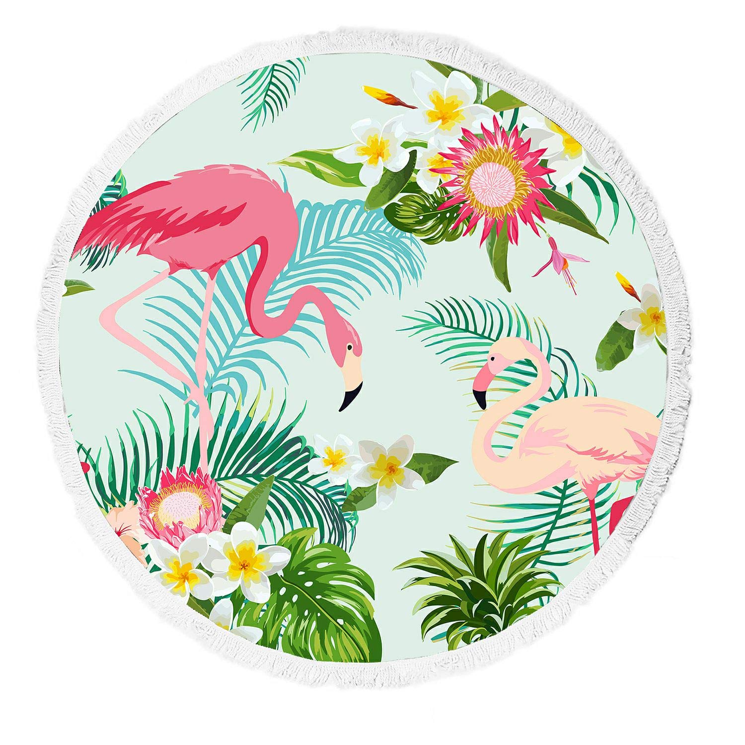 Vintage Flamingo Beach Towel - Tropical Flowers & Birds Design with Tassels | Soft Beach Blanket, Yoga Mat, Picnic Throw | Perfect for Poolside, Beach Trips, Outdoor Yoga & Summer Picnics