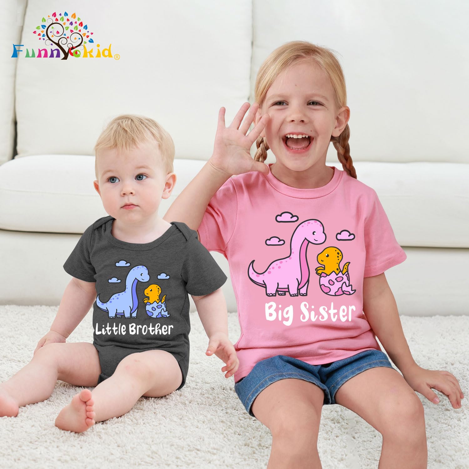 Funnycokid Big Sister Little Brother Matching Outfits - Toddler Girl Shirts & Newborn Boy Clothes - Sibling Coordinating Sets for Family Photos & Special Occasions