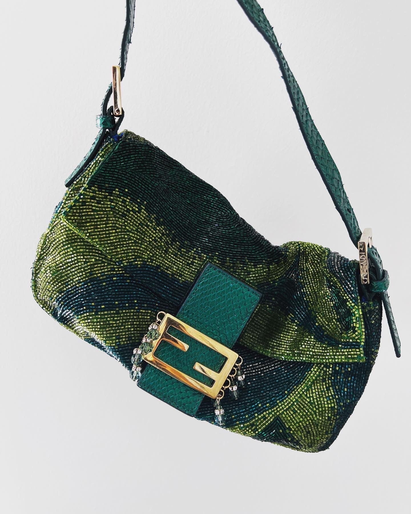 Fendi Green Beaded Baguette Bag - Stylish Designer Crossbody Purse for Women | Perfect for Evening Parties, Date Nights & Special Occasions