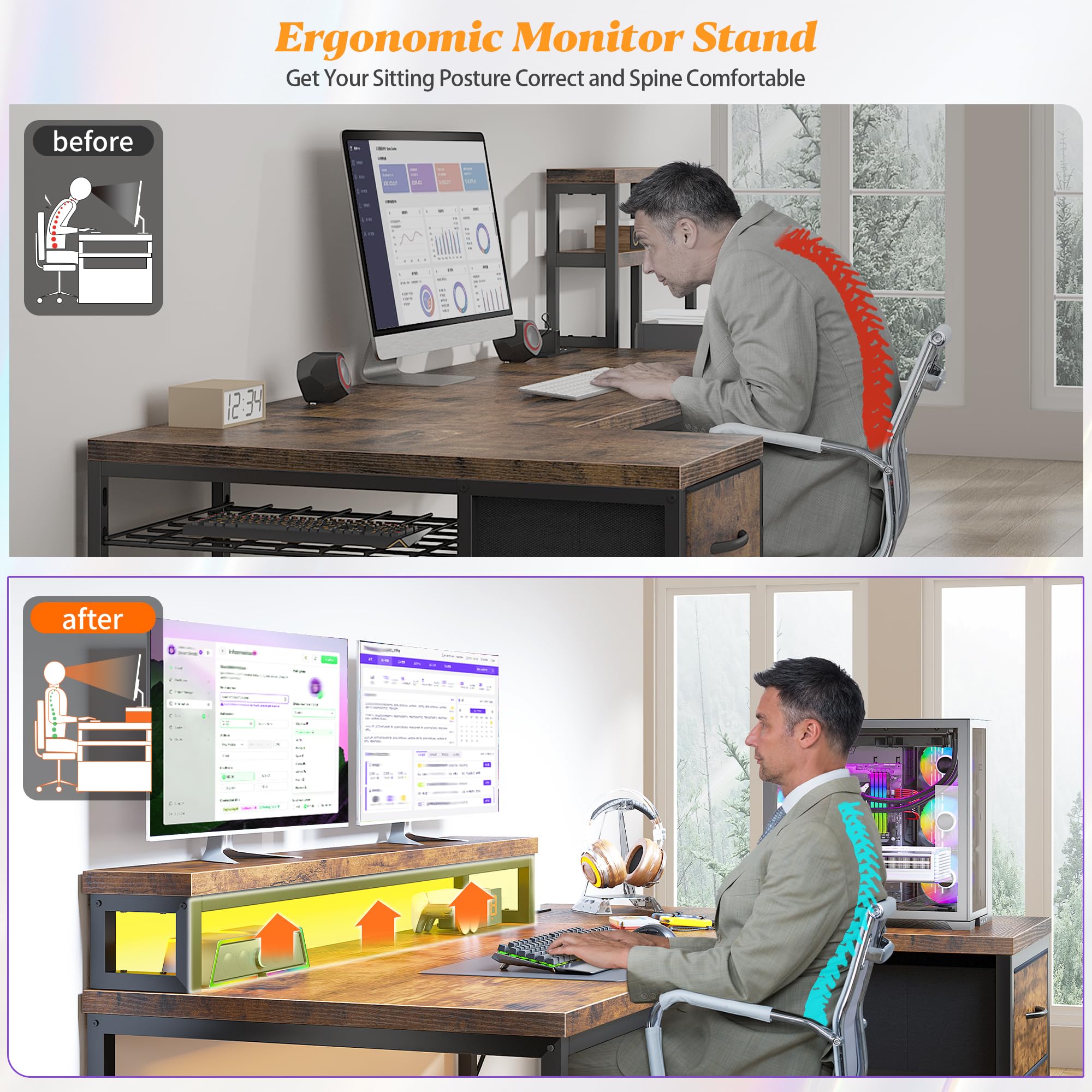 EnHomee 40 Inch L-Shaped Gaming Desk with LED Lights & Power Outlet, Reversible Corner Computer Desk with Drawers & Monitor Stand - Perfect for Gaming Setup, Home Office, or Bedroom (Rustic Brown)