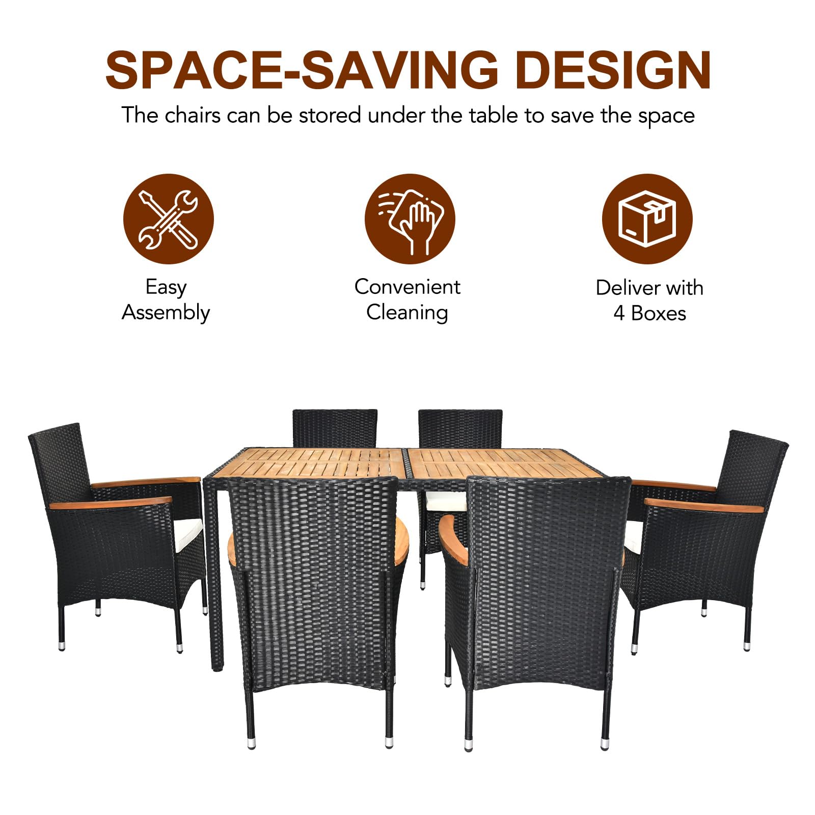 VINGLI 7-Piece Patio Dining Set - Outdoor Wicker Furniture with Acacia Wood Table & 6 Chairs for Garden, Yard, Backyard, and Poolside Entertaining
