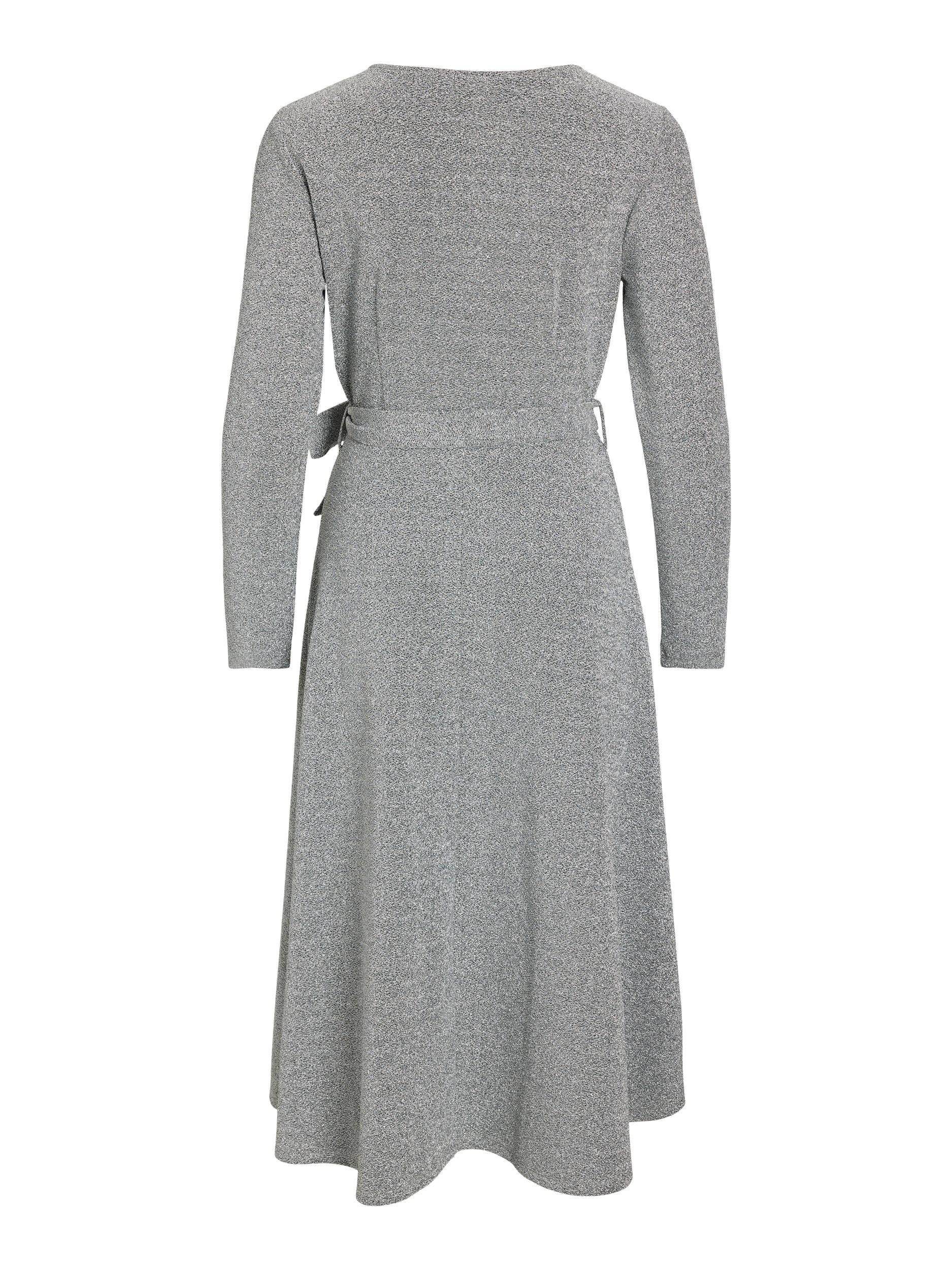 EVA Long Sleeve Wrap Detail Midi Dress in Silver - Perfect for Evening Parties, Weddings & Formal Events