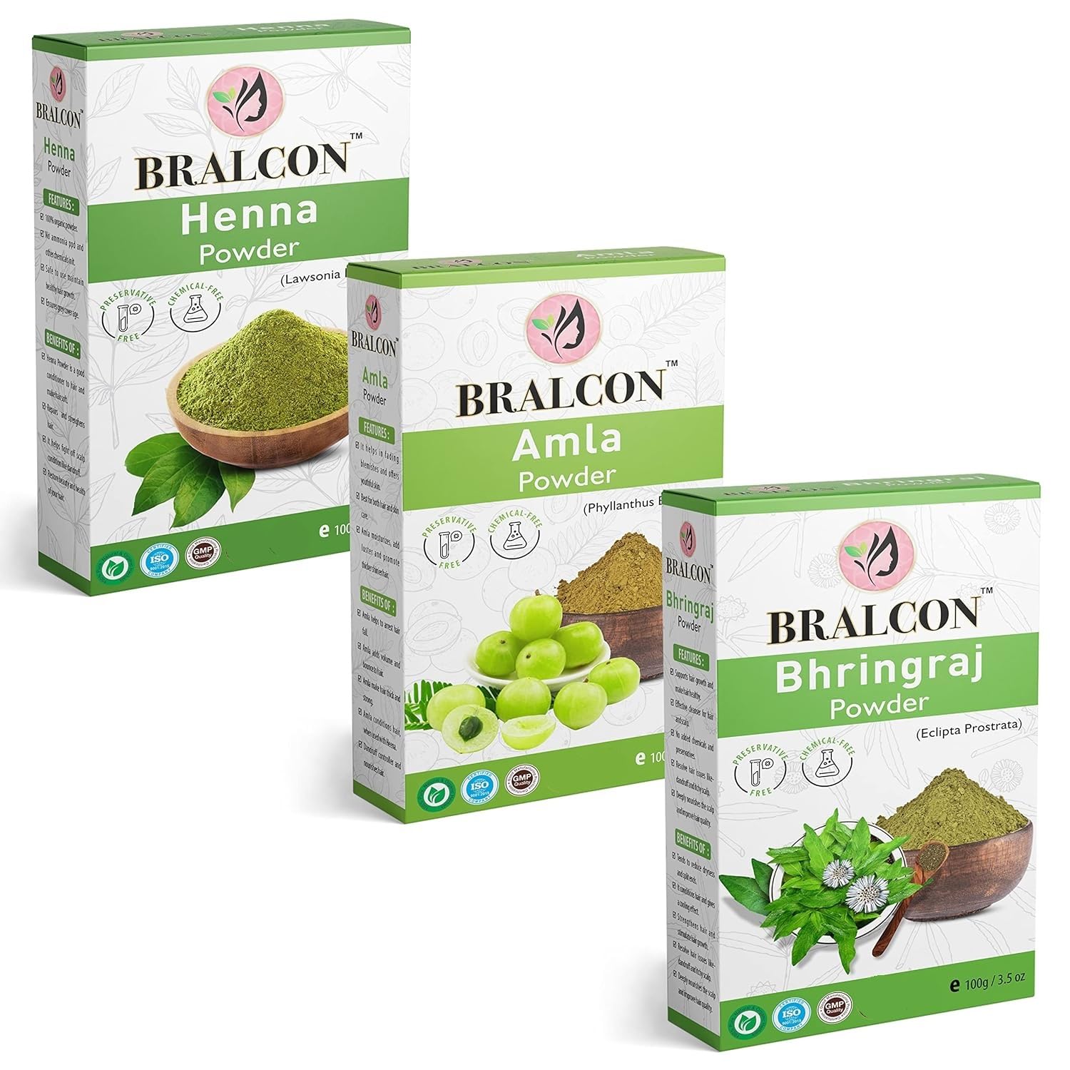 BRALCON Organic Amla, Henna, Bhringraj Powder Combo - 300g (100g x 3 Pack) | Natural Hair Growth & Scalp Treatment | Herbal Hair Care for Conditioning, Anti-Dandruff & Gray Coverage | Perfect for DIY Hair Masks & Ayurvedic Beauty Routines