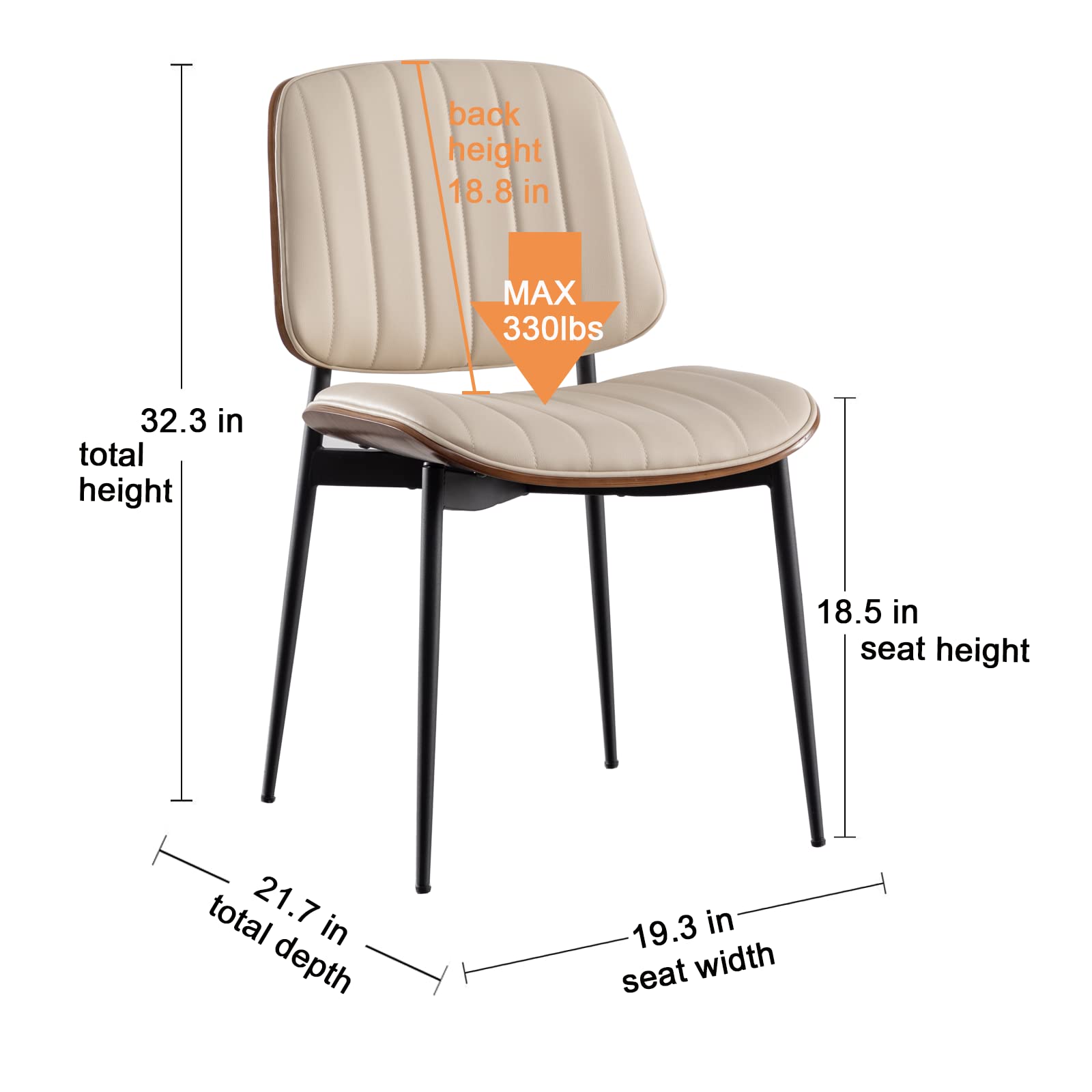 Mid Century Modern Dining Chairs Set of 2 - Retro Beige Faux Leather Upholstered Chairs with Walnut Bentwood Seat & Metal Legs - Adjustable Feet for Kitchen, Dining Room & Home Office