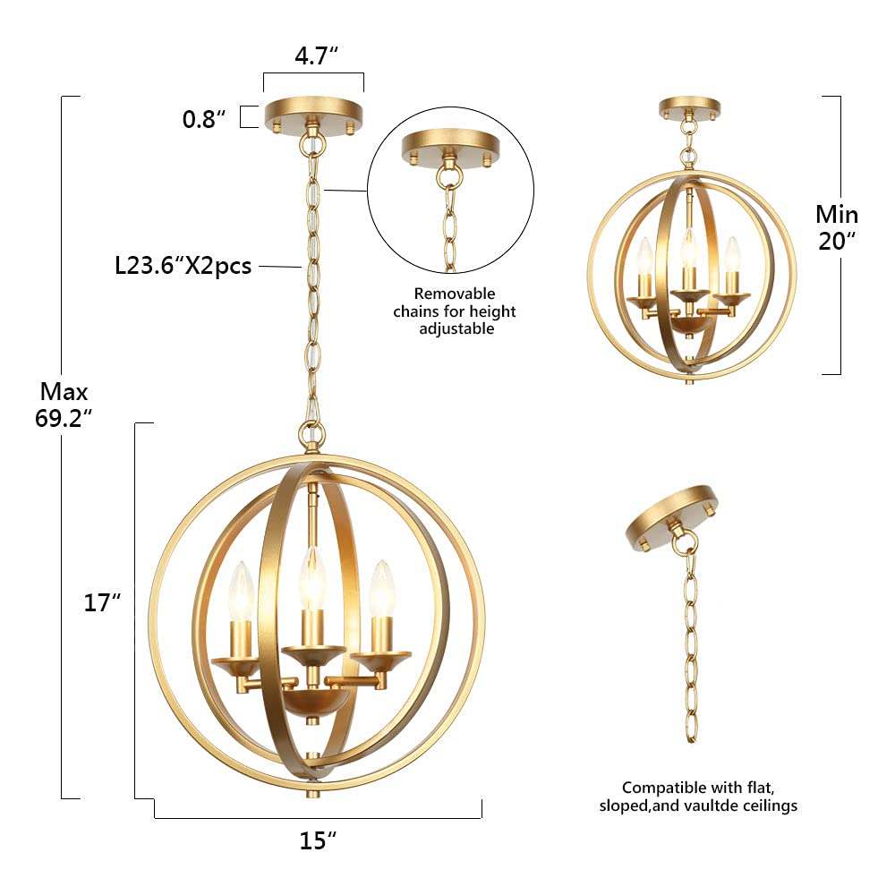 3-Light Gold Orb Chandelier - Modern Globe Pendant Light Fixture for Dining Room, Living Room, Bedroom | Elegant Lighting for Hallway, Stairwell & Foyer | Perfect for Home Decor, Wedding Venues & Luxury Interiors