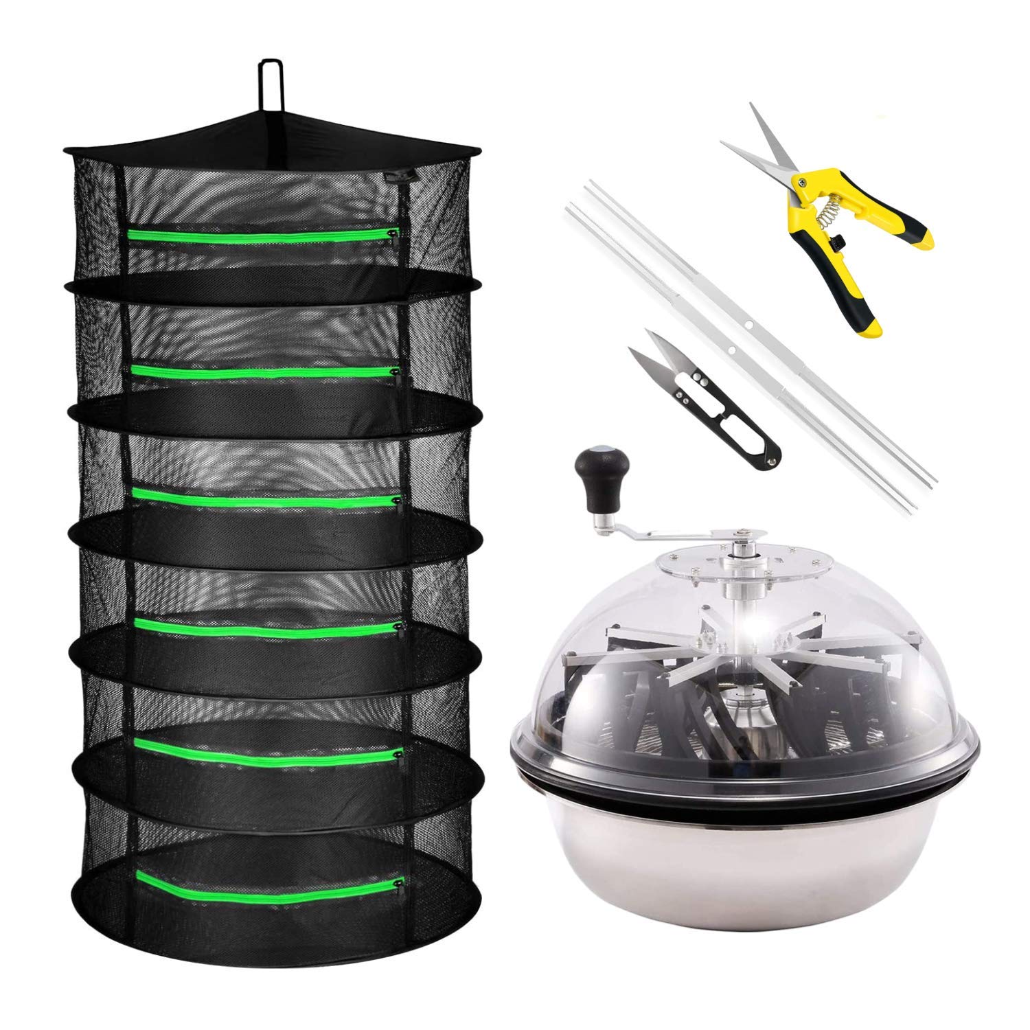 iPower 16-Inch Bud Leaf Bowl Trimmer with Upgraded Gears - Twisted Spin Cut for Plants & Flowers - Includes 2ft 6-Layer Hanging Herb Drying Rack & 6.5