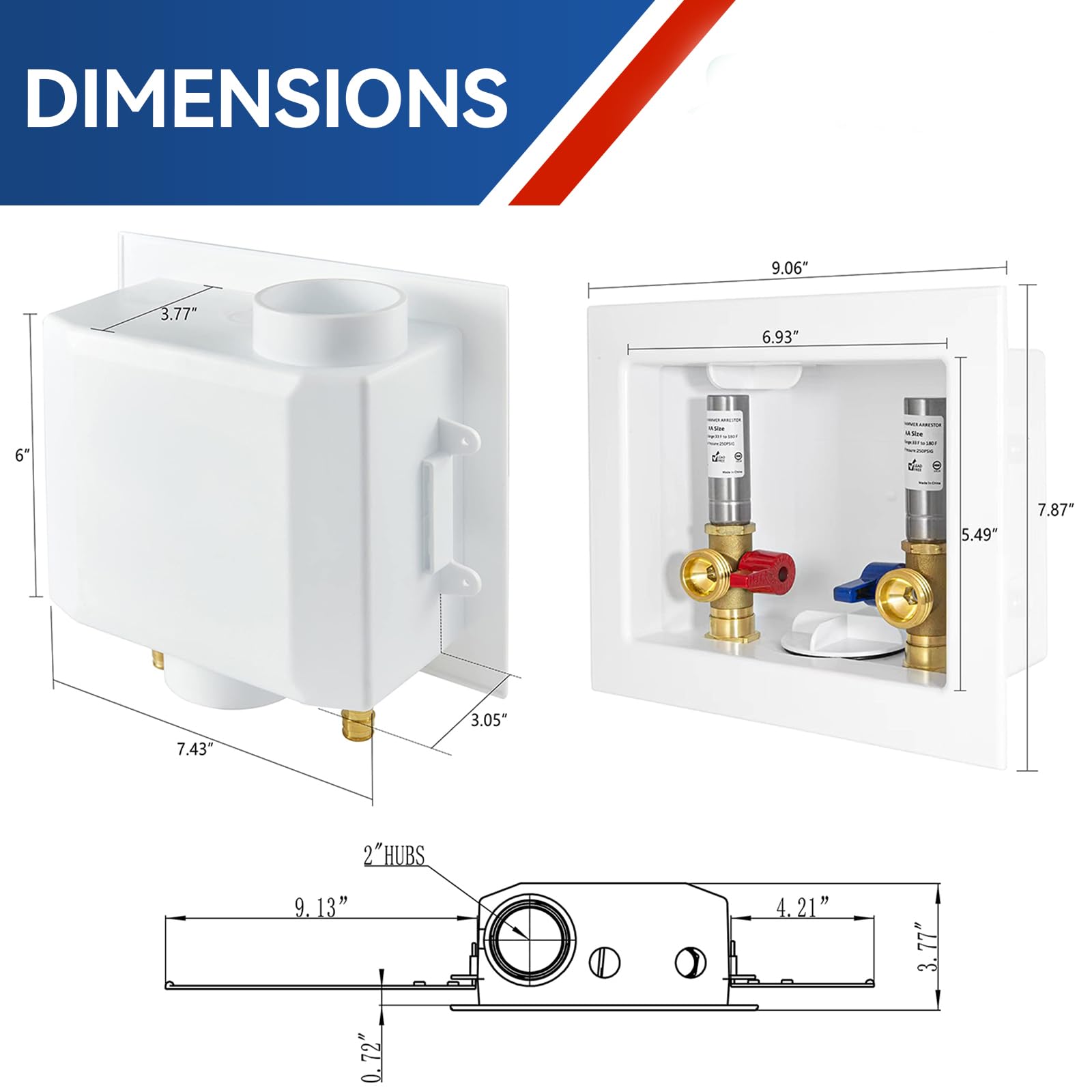 Stainless Steel Washing Machine Outlet Box with Water Hammer Arrestor - 1/2 Inch PEX Inlet x 3/4 Inch MHT Outlet - Laundry Plumbing Fitting Box with Center Drain - Perfect for Home Washer Installation & Utility Room Plumbing