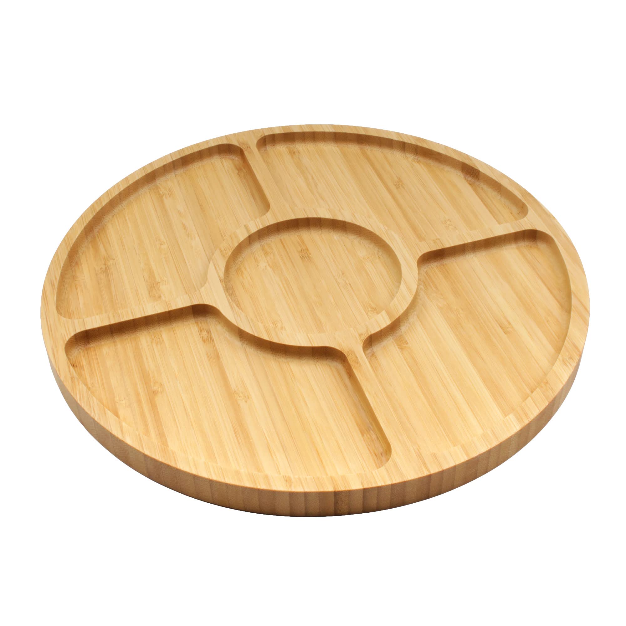 BambooMN Natural 12-Inch Round 5-Compartment Bamboo Serving Tray | Charcuterie Board for Cheese, Fruits & Appetizers | Perfect for Parties, Snacks & Entertaining | Eco-Friendly Kitchen & Dining Serveware (Set of 10)