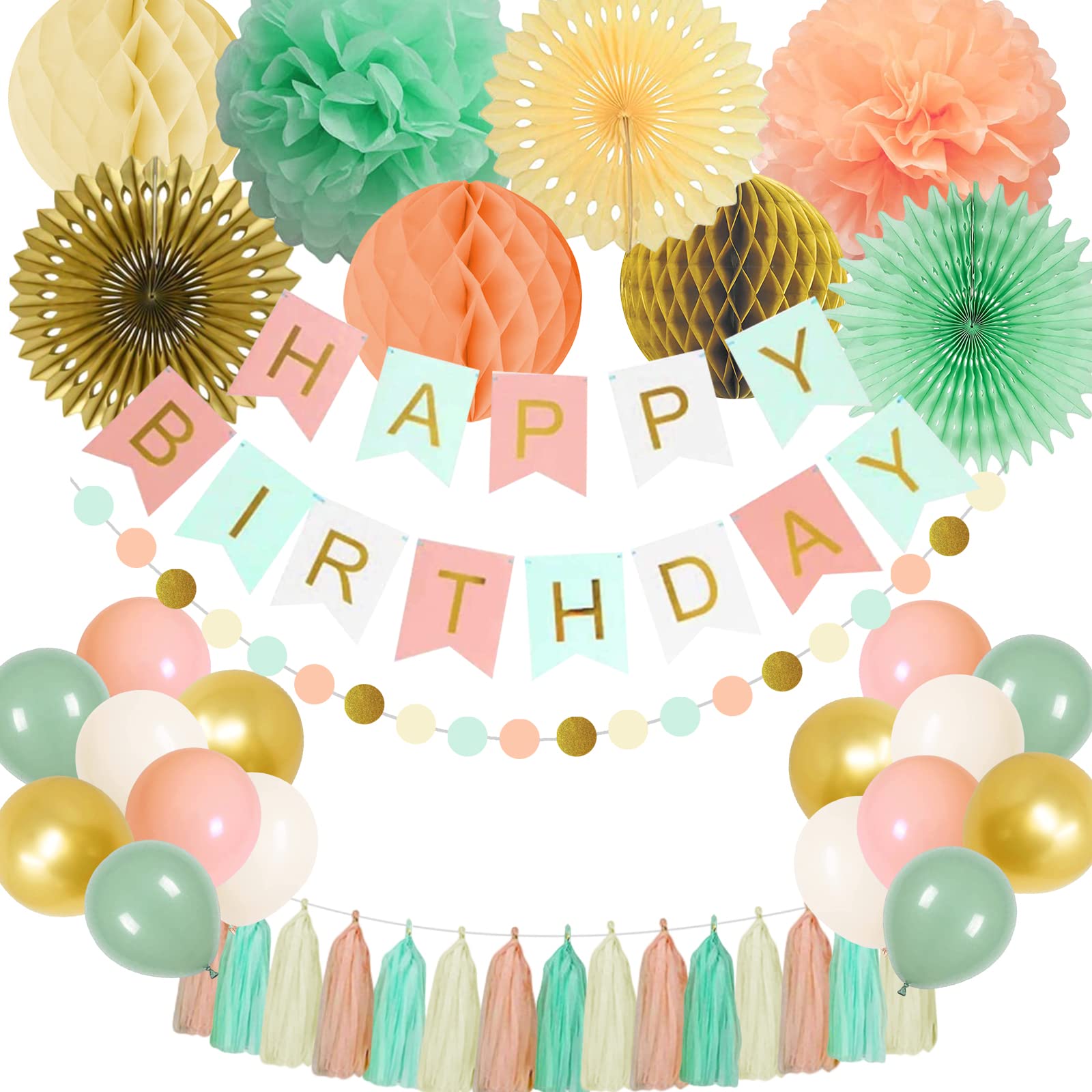 Happy Birthday Decorations for Girls & Women - Mint Green Gold Peach Birthday Banner, Hanging Paper Fan, Honeycomb Ball, Tissue Pompoms Garland & Balloons - Perfect for Birthday Parties, Baby Showers & Bridal Showers