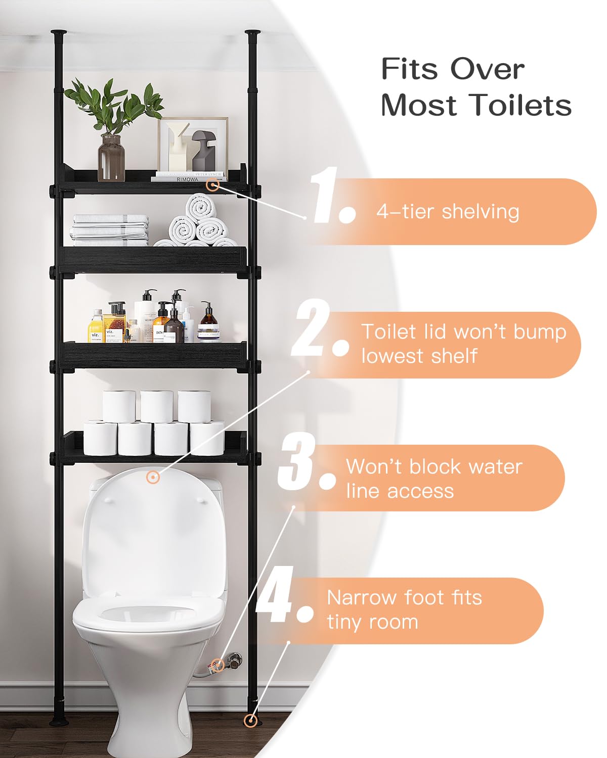 ALLZONE Adjustable Over The Toilet Storage Cabinet - 4 Shelves Bathroom Organizer with Tension Mount (Fits 92-116 Inch Height, Black) - Perfect for Small Bathrooms, Apartment Storage & Space Saving Solutions