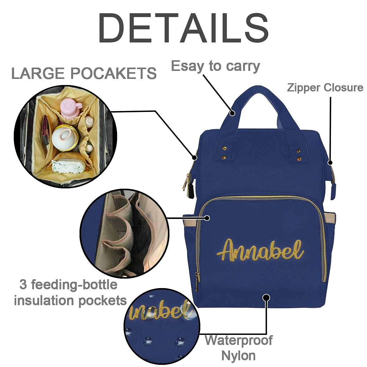 Personalized Navy Embroidered Diaper Backpack for Moms - Custom Name Monogrammed Baby Nursing Bag, Waterproof Multifunctional Travel Daypack for Boys & Girls | Perfect Baby Shower Gift & Everyday Parenting Essential