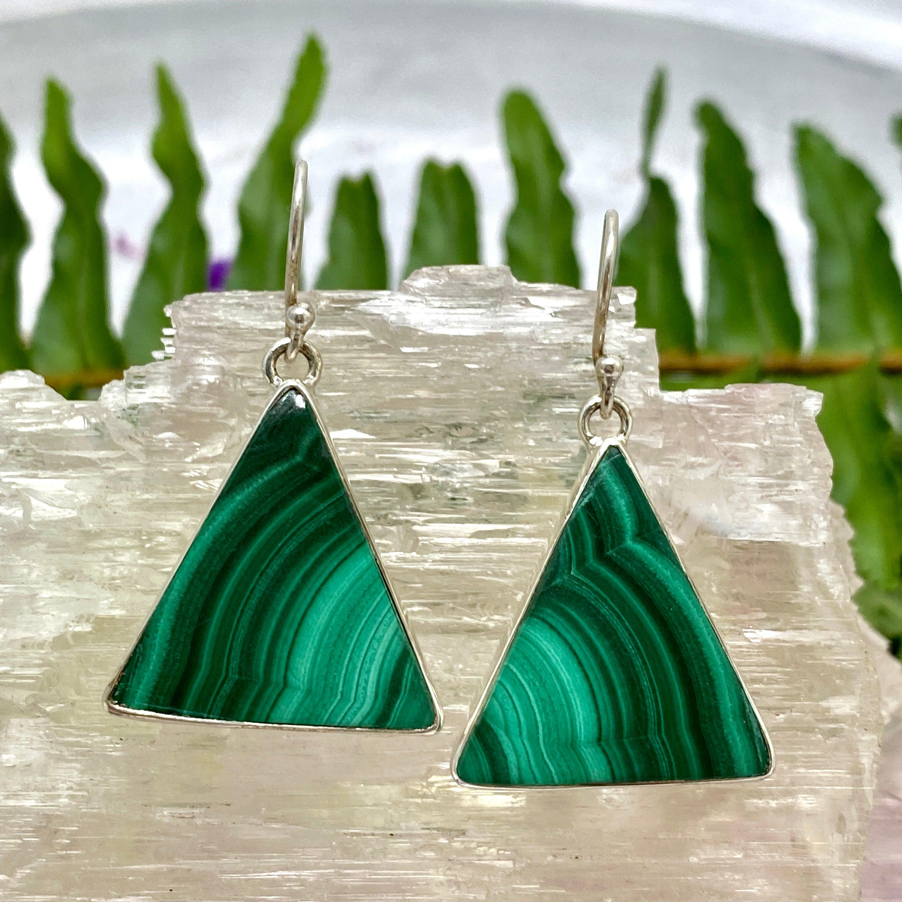 Natural Malachite Triangular Earrings for Women - Handmade Green Gemstone Dangle Earrings - Perfect for Boho, Hippie & Casual Outfits