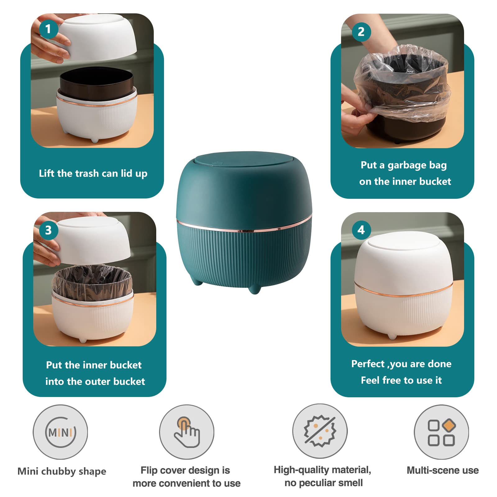 Modern Mini Trash Can with Lid - Small Press-Type Waste Basket for Office Desk, Kitchen Countertop, Coffee Table & Bathroom - Eco-Friendly Plastic Garbage Bin for Home & Office Use - Green