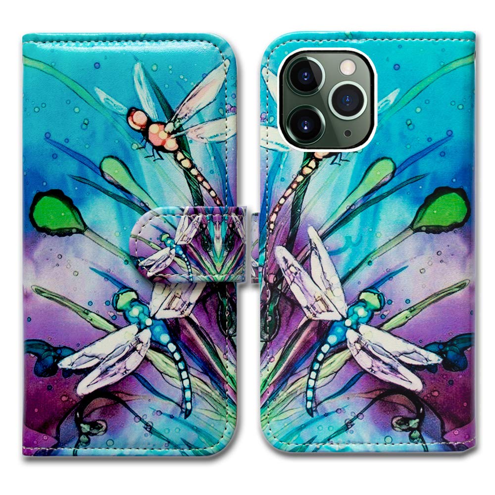 Cute Dragonfly Leather Flip Wallet Case for iPhone 11 Pro Max with Card Slot Holder & Kickstand - Slim Protective Cover for Women & Men, Perfect for Work, Travel and Daily Use