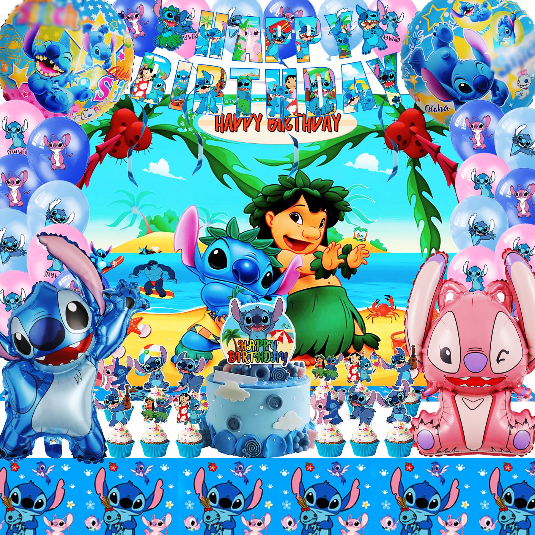 Lil Stitch Birthday Balloons & Decorations Set - Includes Banner, Backdrop, Foil Balloons for Stitch Themed Party | Perfect for Disney Lovers, Kids Birthday Decor, Baby Shower & Themed Celebrations