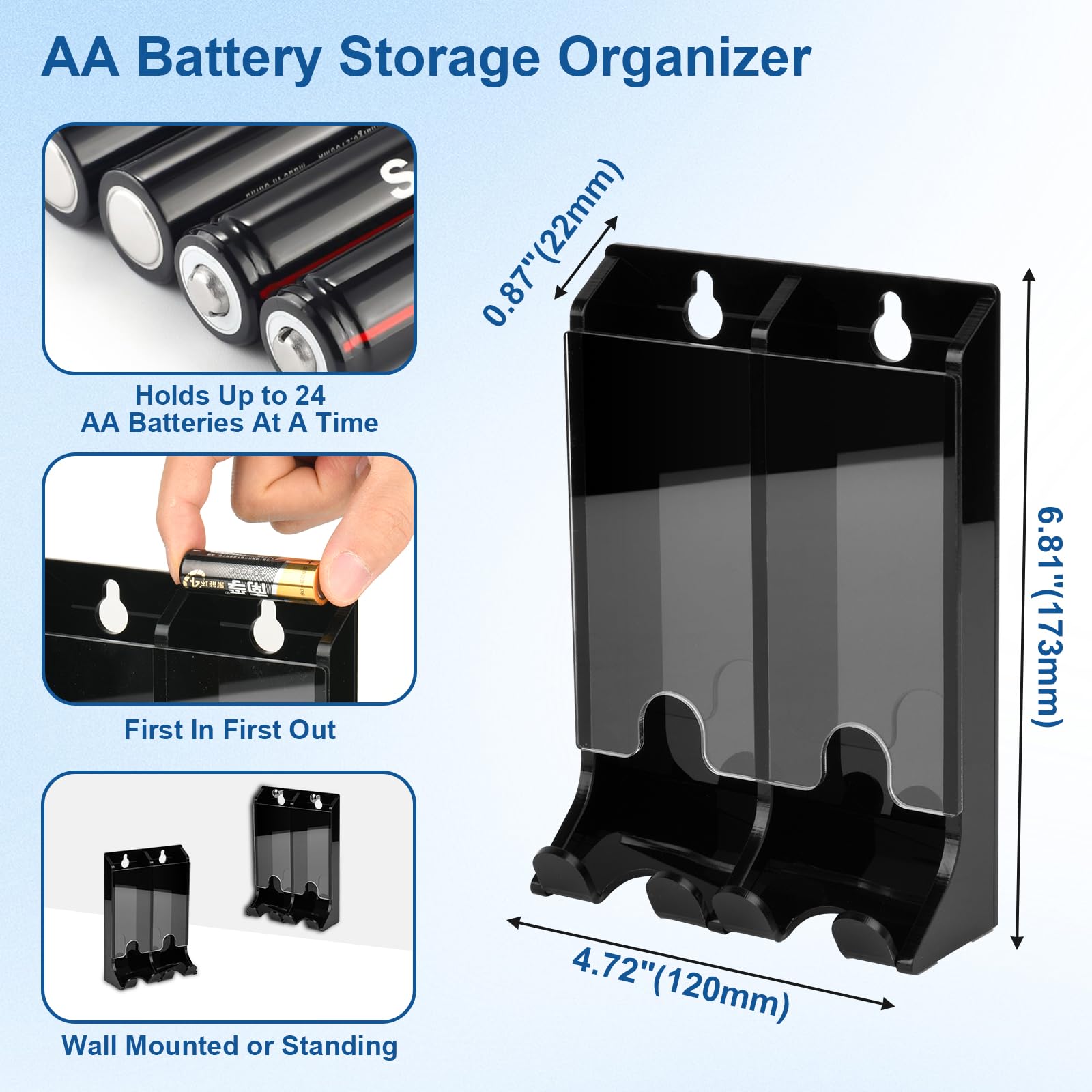 Acrylic AA Battery Organizer Storage Holder - Wall Mount Dispenser Holds 22 Batteries, FIFO Small Chute Container (Black) - Perfect for Home, Office & Garage Organization