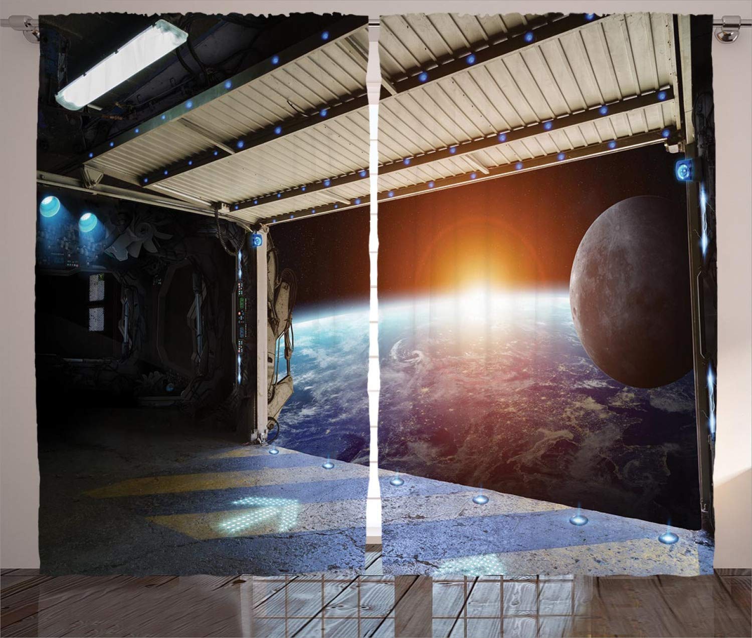 Ambesonne Space Themed Blackout Curtains - Earth View from Space with Galaxy & Stars Print, 2 Panel Set for Living Room & Bedroom (108