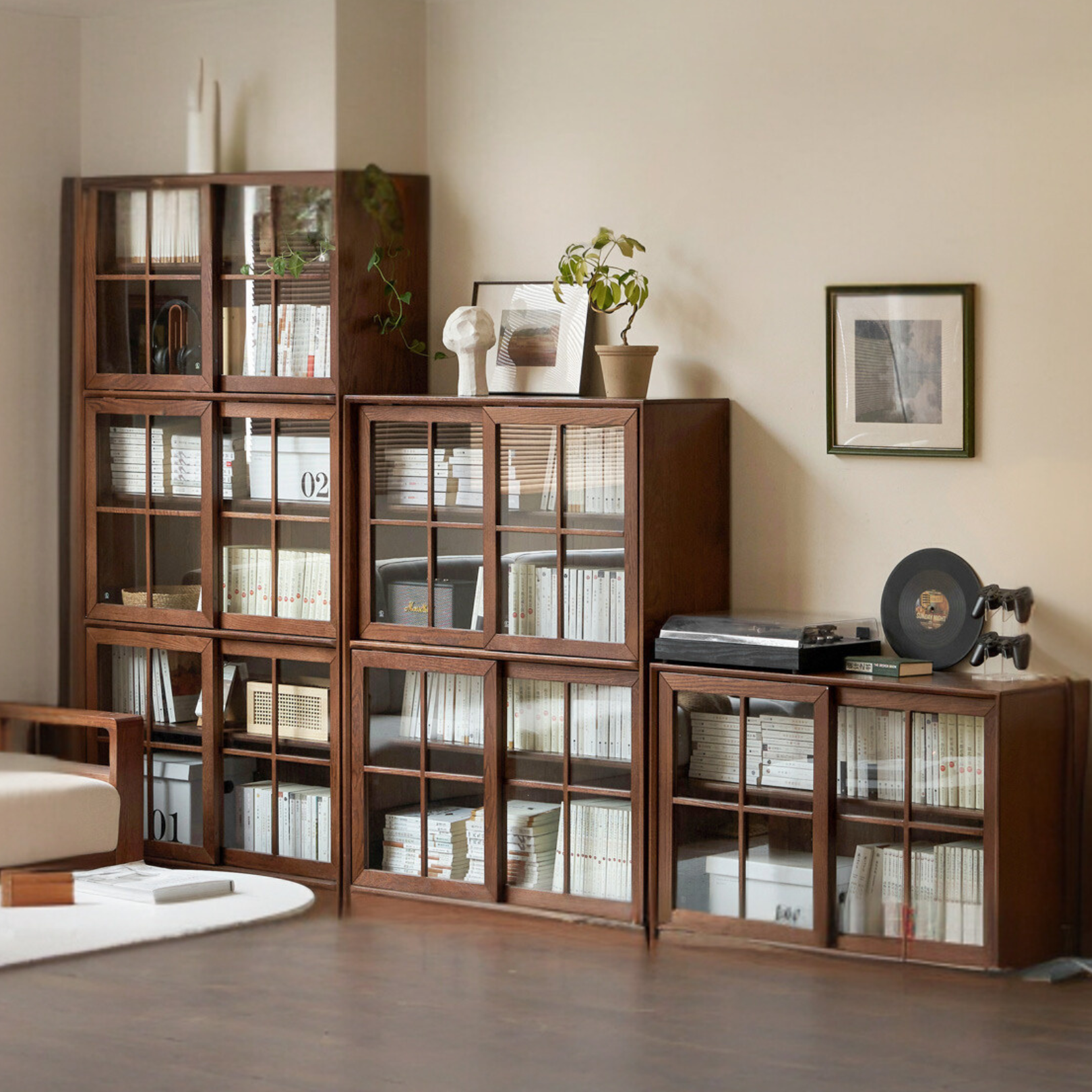 Solid Oak Wood Sliding Door Bookcase - Rustic Bookshelf for Living Room, Bedroom, or Home Office Storage