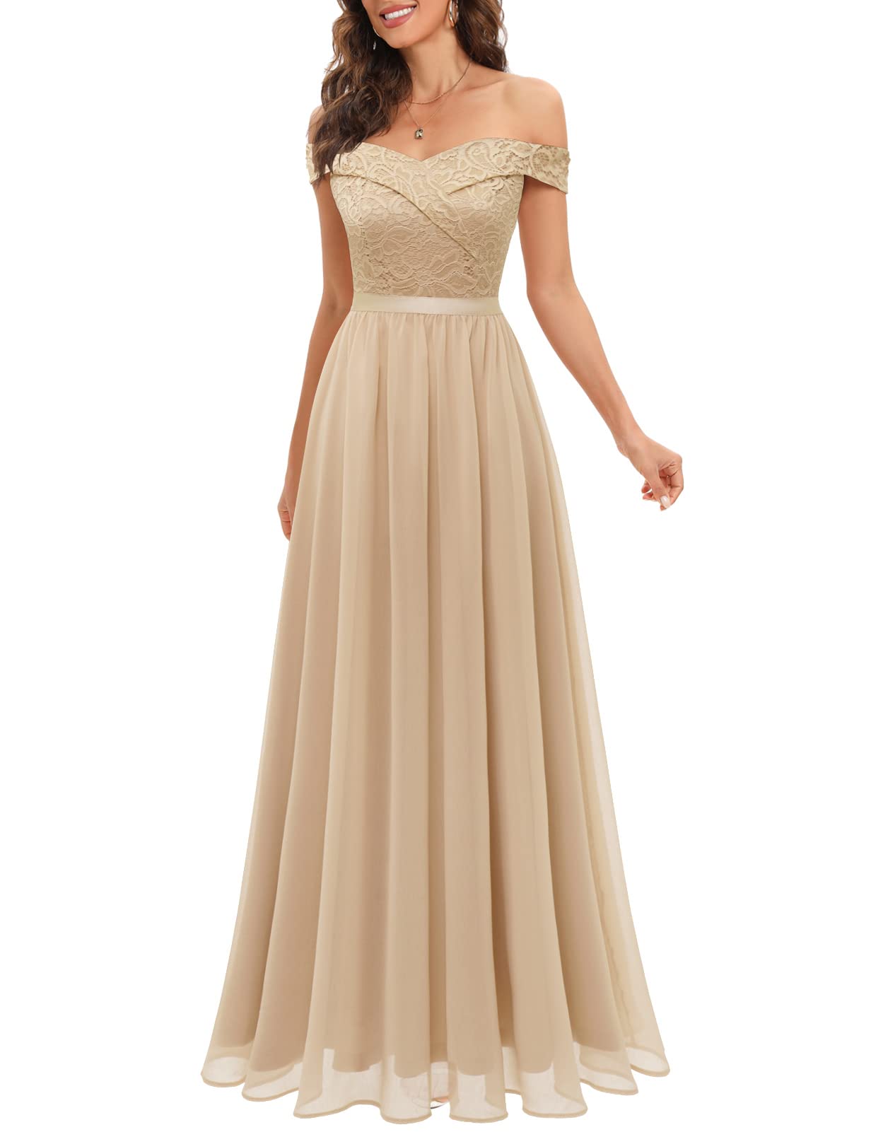 Elegant A-Line Off Shoulder Lace Bridesmaid Dress for Women - Floral Chiffon Wedding Gown for Bridal Party & Formal Events