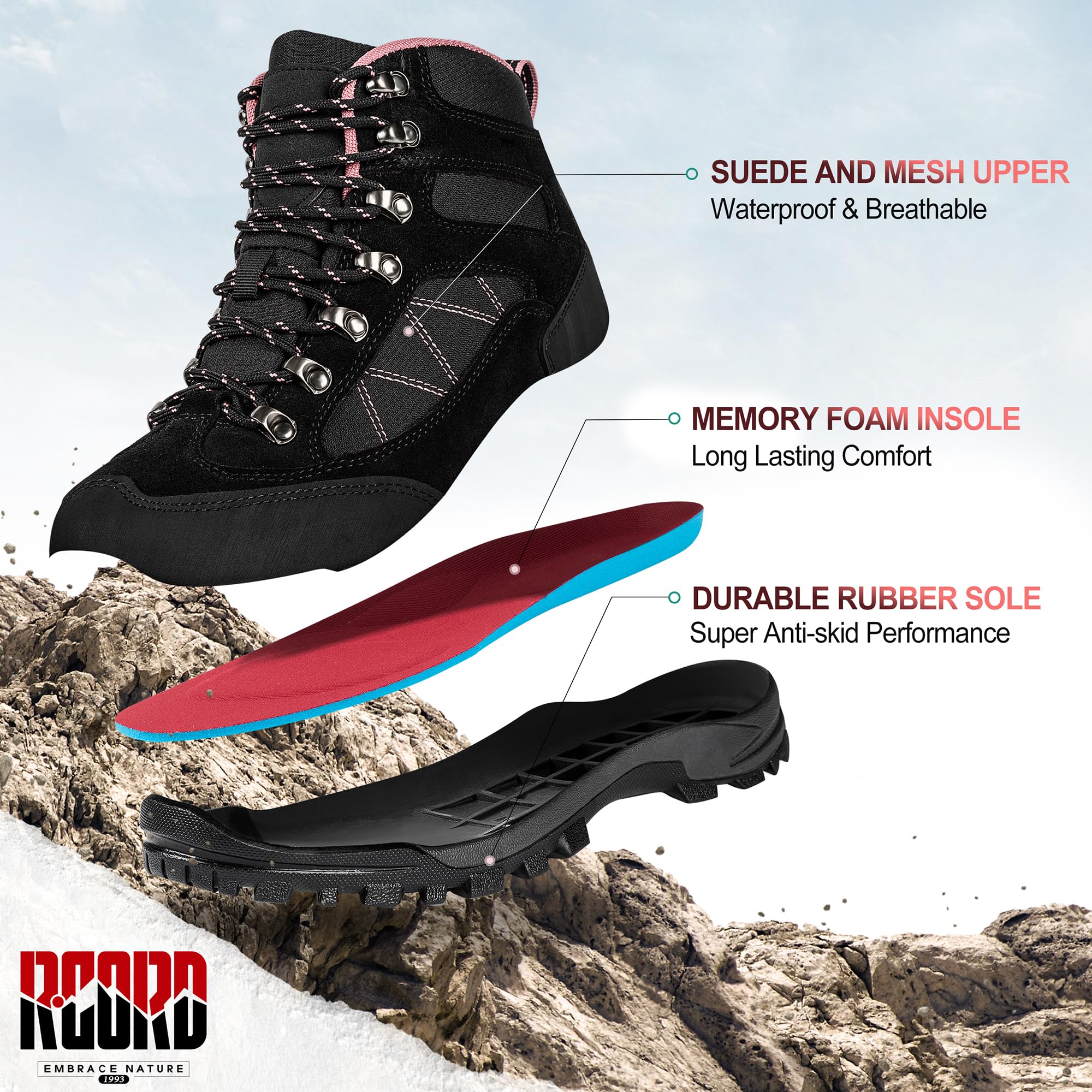 Waterproof Women's Hiking Boots with Ankle Support - Non-Slip, Breathable & Durable Backpacking Boots for Outdoor Adventures, Trail Walking & Camping