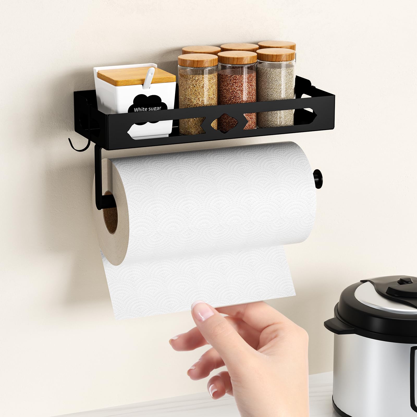Wall Mount Paper Towel Holder for Kitchen & Bathroom - Easy One-Handed Operation, Self-Adhesive with Shelf & 2 Hooks - Perfect for RV, Office, Laundry Room - Black