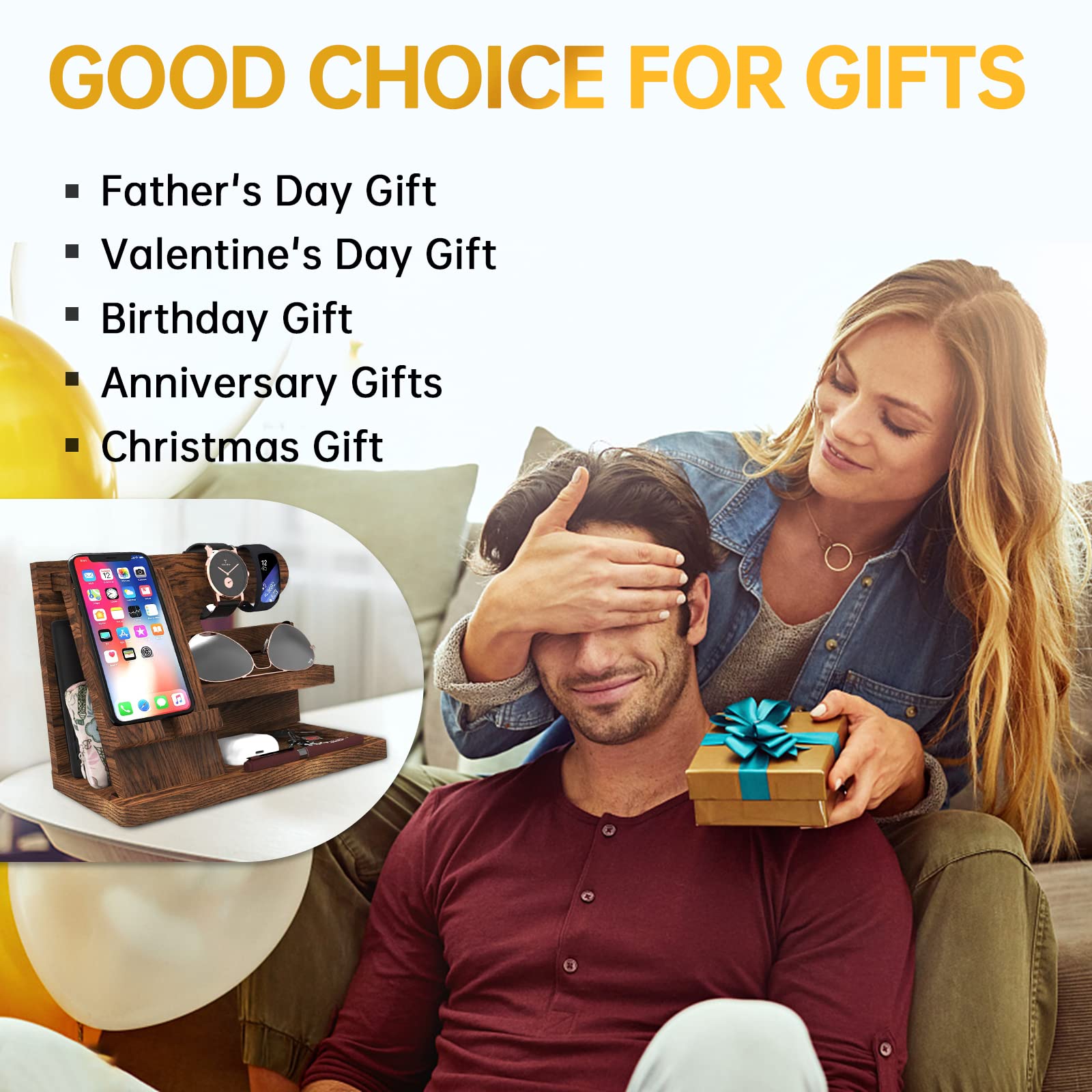 Wooden Phone Docking Station Organizer - Premium Desk & Nightstand Organizer for Men | Perfect Birthday Gift, Father's Day, Valentine's Day Present | Ideal for Office, Bedroom & Home Organization