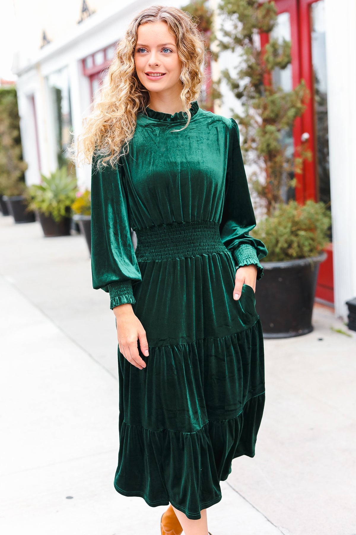 Holiday Dreaming Hunter Green Velvet Mock Neck Smocked Waist Dress for Women - Elegant Holiday Party & Christmas Dinner Outfit