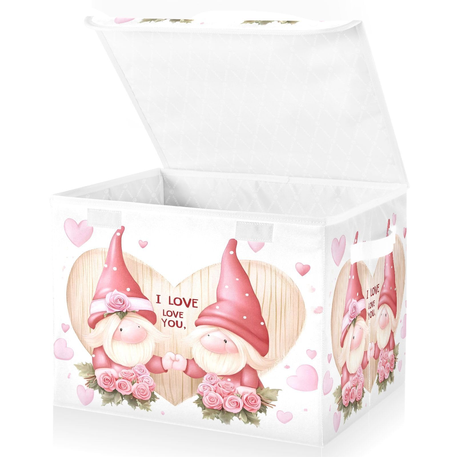Rose Love Gnome Fabric Foldable Storage Bins with Lids - Collapsible Organizer Containers for Home, Bedroom, Closet & Office - Perfect for Seasonal Decor, Toy Storage & Clothes Organization