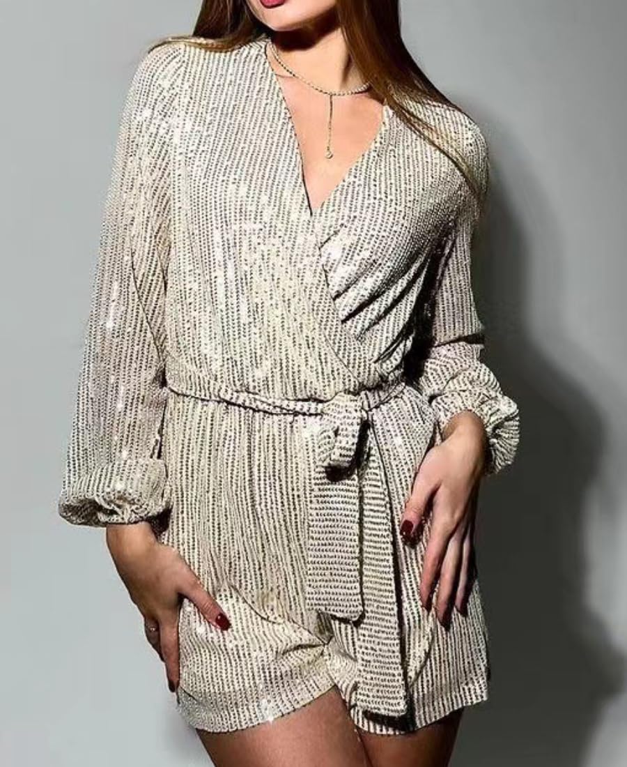 Sparkly Sequin Bodycon Dress for Women - Long Sleeve V-Neck Glitter Party Dress with Belt | Sexy Slit Mini Dress for Club, Evening, Date Night & Special Occasions