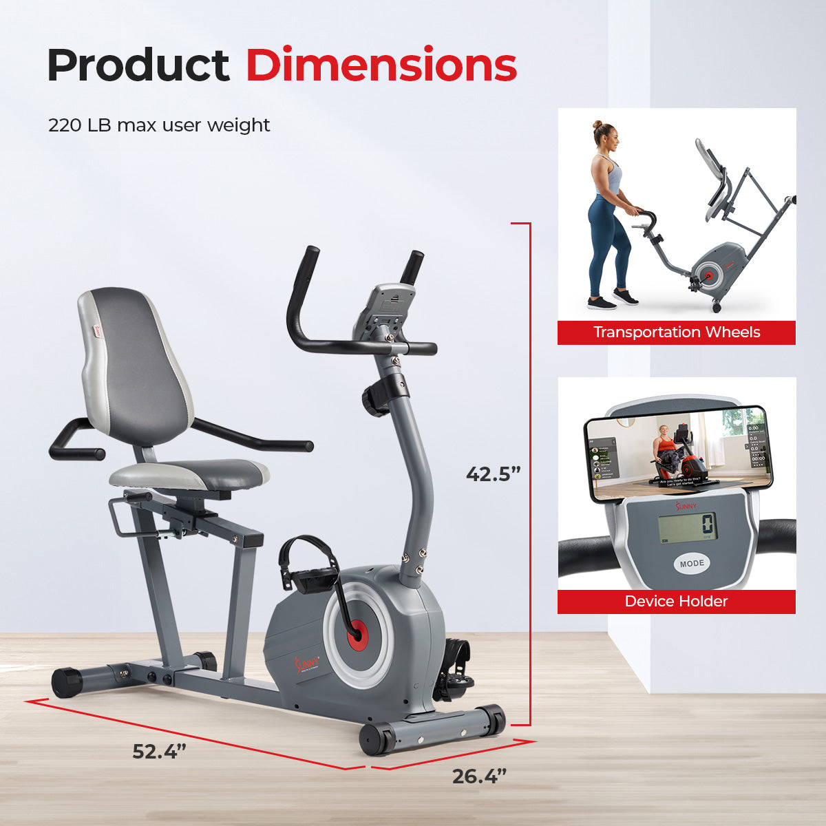 Essentials Series Magnetic Smart Recumbent Exercise Bike with SunnyFit® App & Bluetooth Connectivity - Perfect for Home Gym, Physical Therapy & Low-Impact Workouts