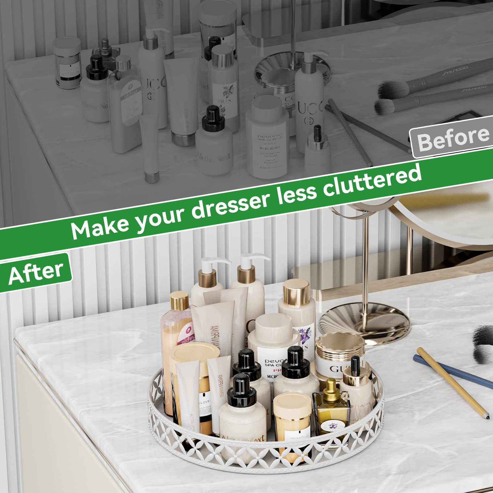 EKNITEY 11 Inch White Bathroom Counter Tray - Decorative Vanity Organizer for Cosmetics, Perfume & Jewelry Storage | Perfect for Bathroom, Bedroom & Dresser Countertop Organization