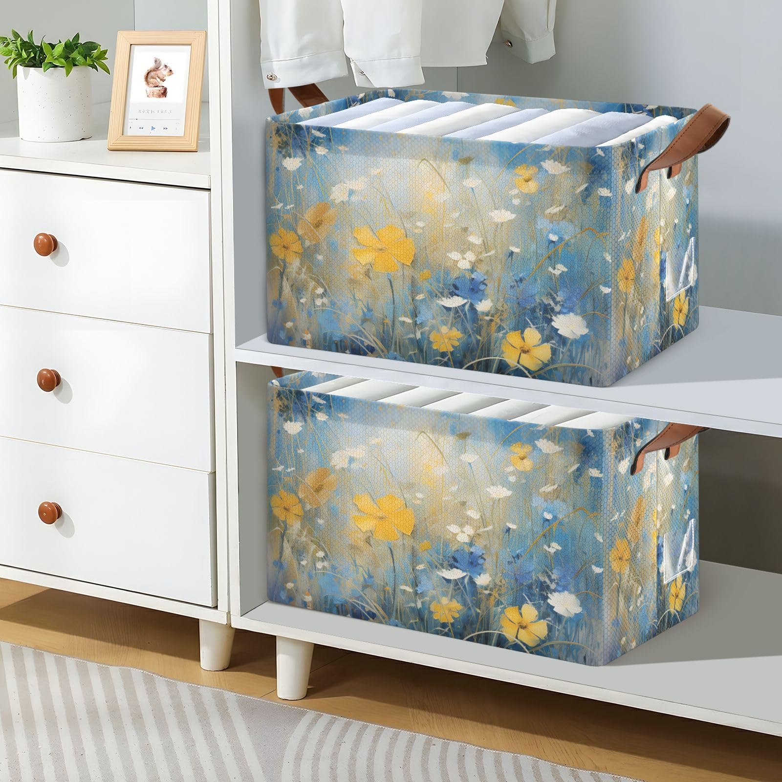 ALAZA 2-Pack Collapsible Closet Storage Cubes & Baskets - Yellow Blue Daisy Pattern, Space-Saving Shelf Organizer for Bedroom, Kids Room, and Office Storage Solutions