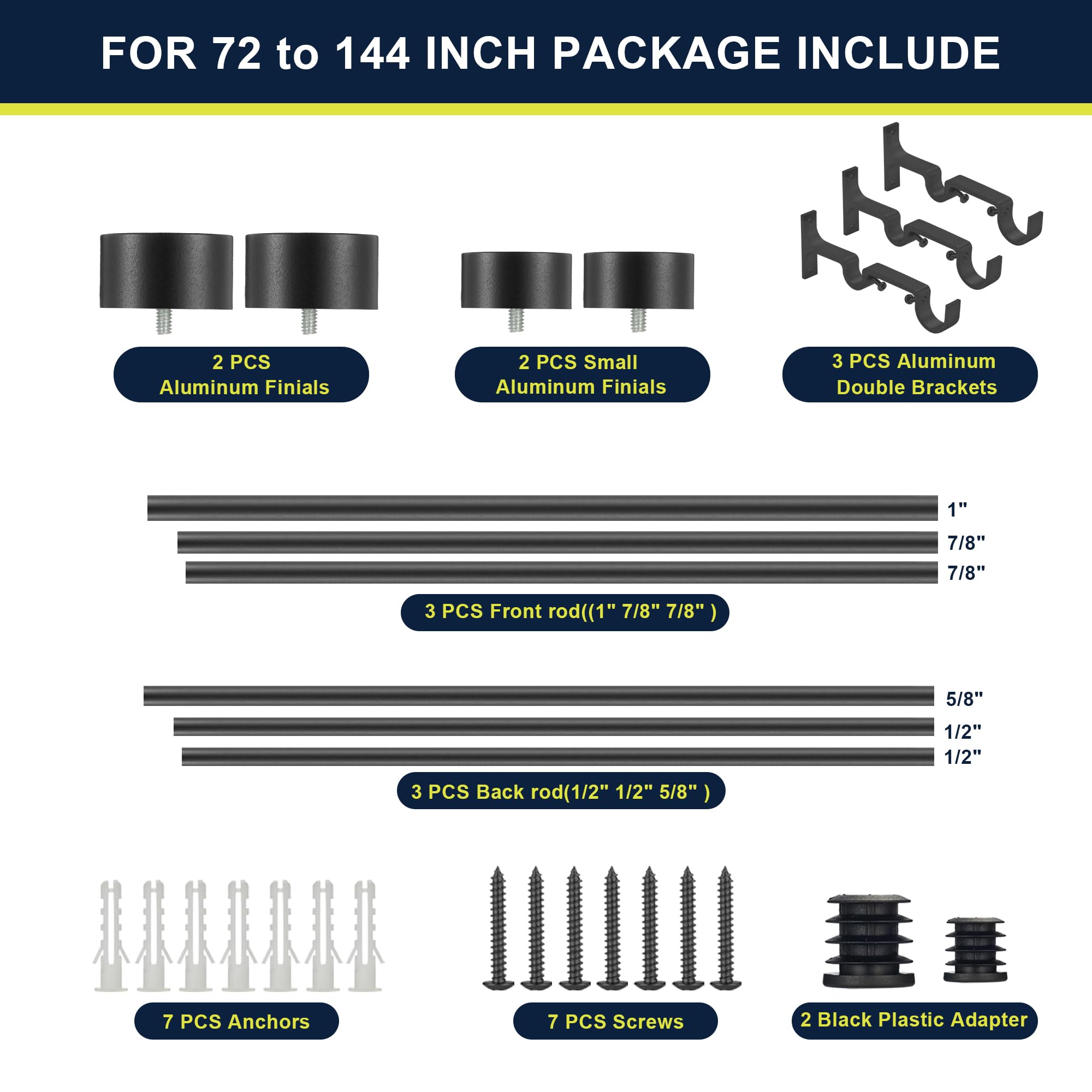 72-144 Inch Adjustable Double Curtain Rod Set - 1'' Front & 5/8'' Back Drapery Rod with Premium Aluminum Brackets & Finials - Matte Black Window Treatment for Living Room, Bedroom, or Office