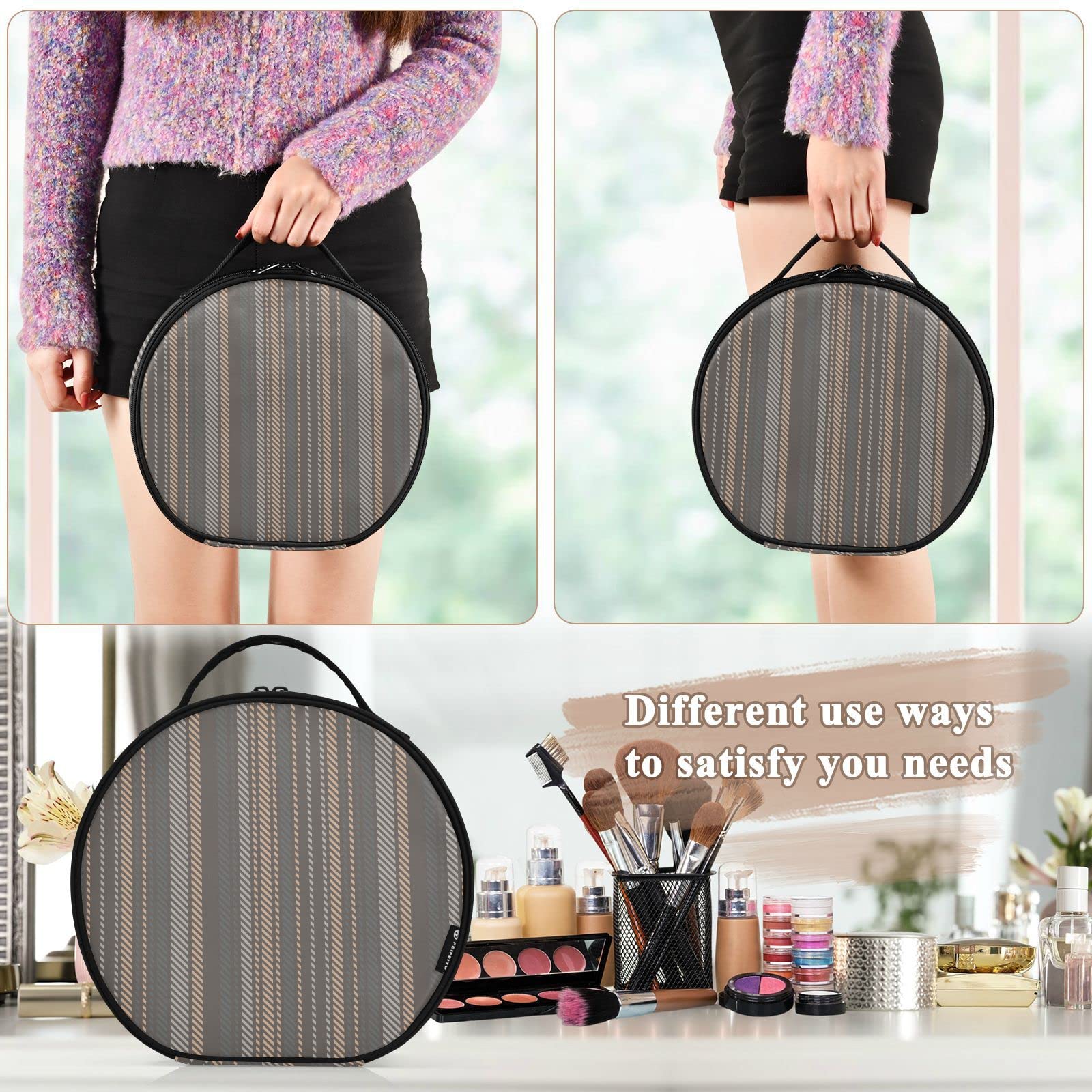 Linqin Travel Makeup Organizer for Women - Portable Cosmetic Bag with Adjustable Dividers, Toiletry Pouch for Jewelry & Brushes (Brown Striped, One Size) - Perfect for Vacation, Business Trips & Daily Use