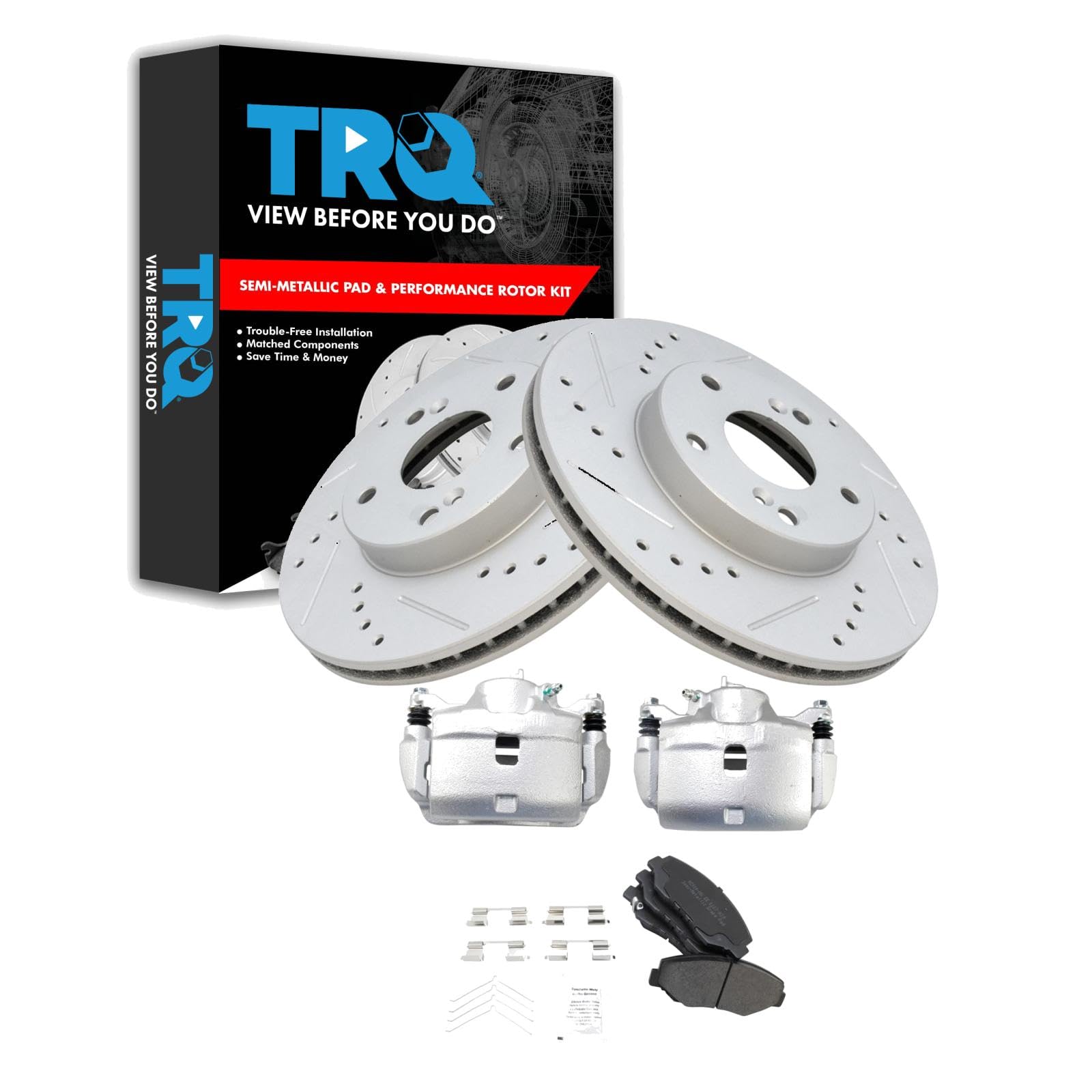 TRQ Front Performance Brake Pad & Rotor Kit - Semi-Metallic Vented Premium G-Coated Brake Caliper Set - Compatible with 2003-2011 Honda Element - Perfect for Daily Commuting, Off-Roading & Heavy-Duty Performance Driving