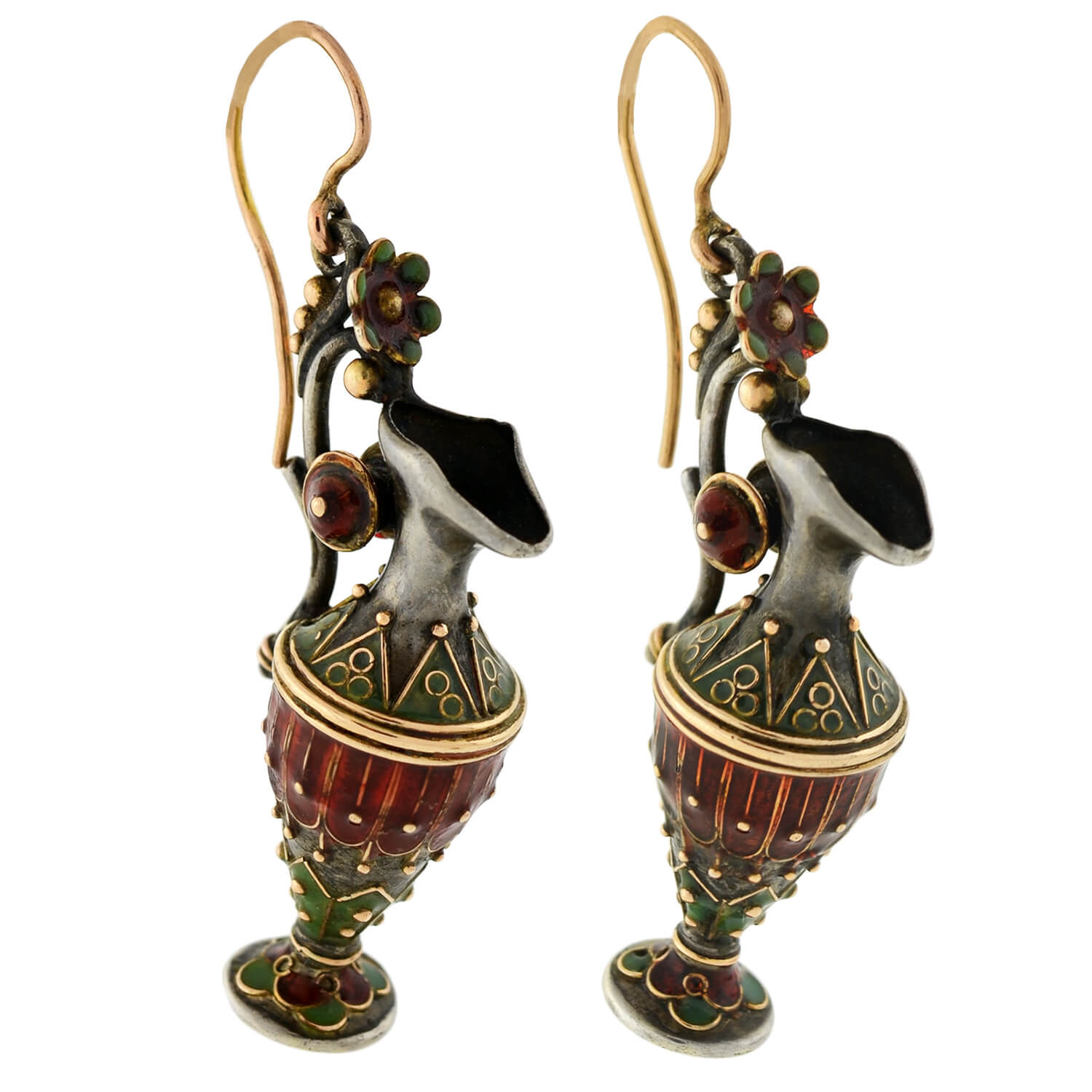 Victorian Sterling Silver Enameled Etruscan Urn Earrings and Pendant Set - Elegant Antique Jewelry for Women, Perfect for Weddings, Parties & Special Occasions