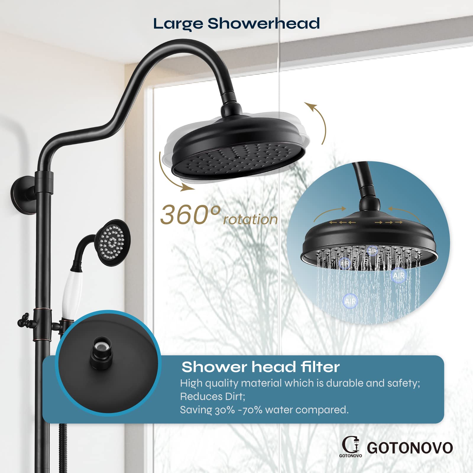 Gotonovo Luxury 8-Inch Wall Mount Exposed Shower System - Oil Rubbed Bronze Rainfall Shower Head with Handheld Spray & Cross Double Handle Faucet, Adjustable Arc Rod for Modern Bathroom Remodel | Perfect for Master Bath, Spa-Like Shower Experience