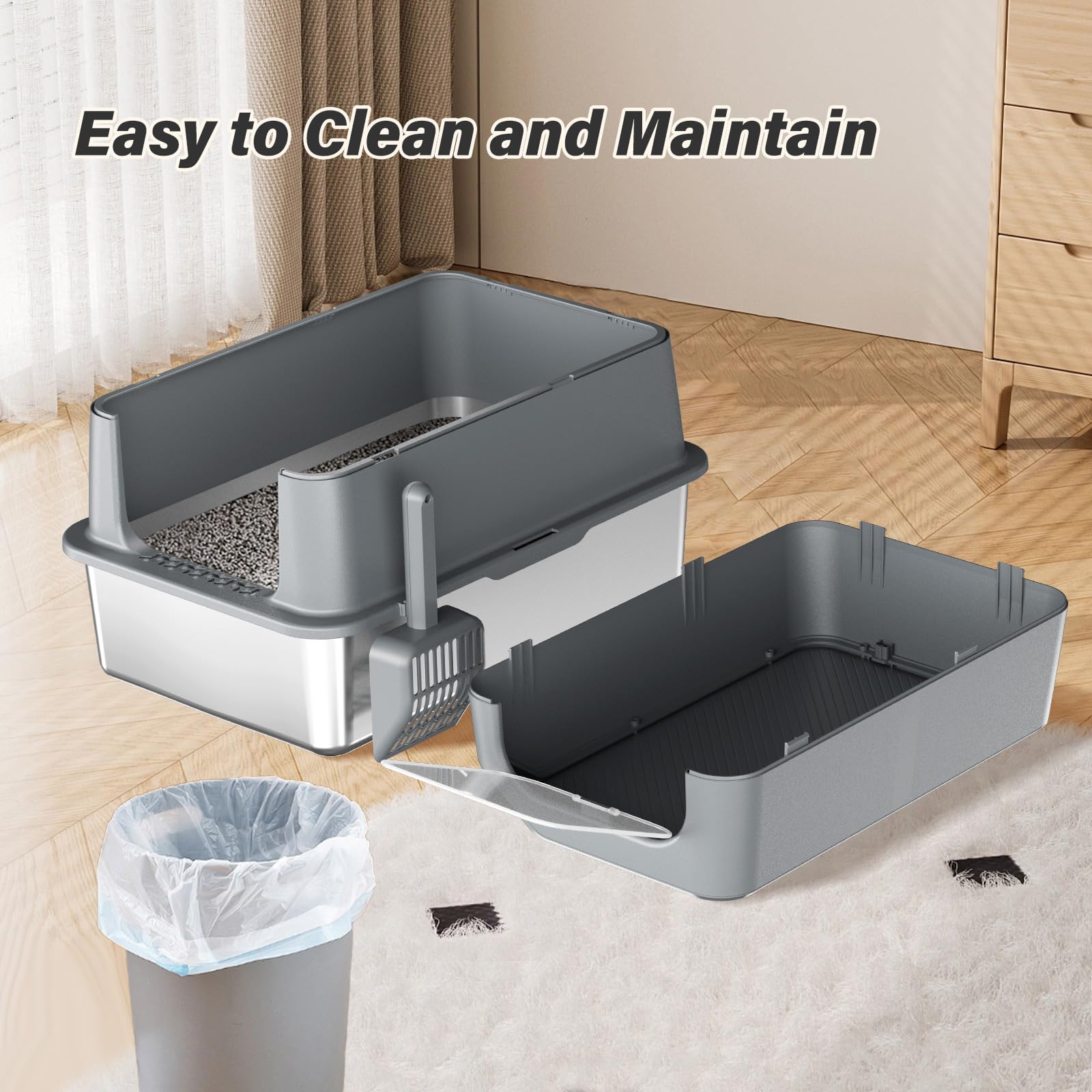XXL Stainless Steel Cat Litter Box with Lid - Enclosed, Extra Large Metal Litter Box with High Sides for Odor Control - Perfect for Large Cats & Multi-Cat Households