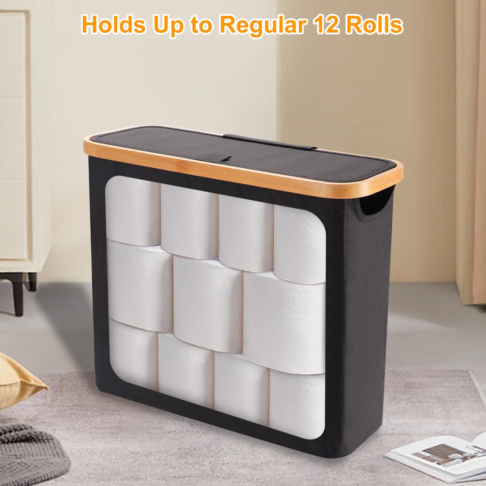 Toilet Paper Storage Basket with Lid - Holds 12 Mega Rolls | Bathroom Organizer & Accessories Holder | Space-Saving Toilet Paper Bin for Bathroom, RV, or Guest Room (Black)