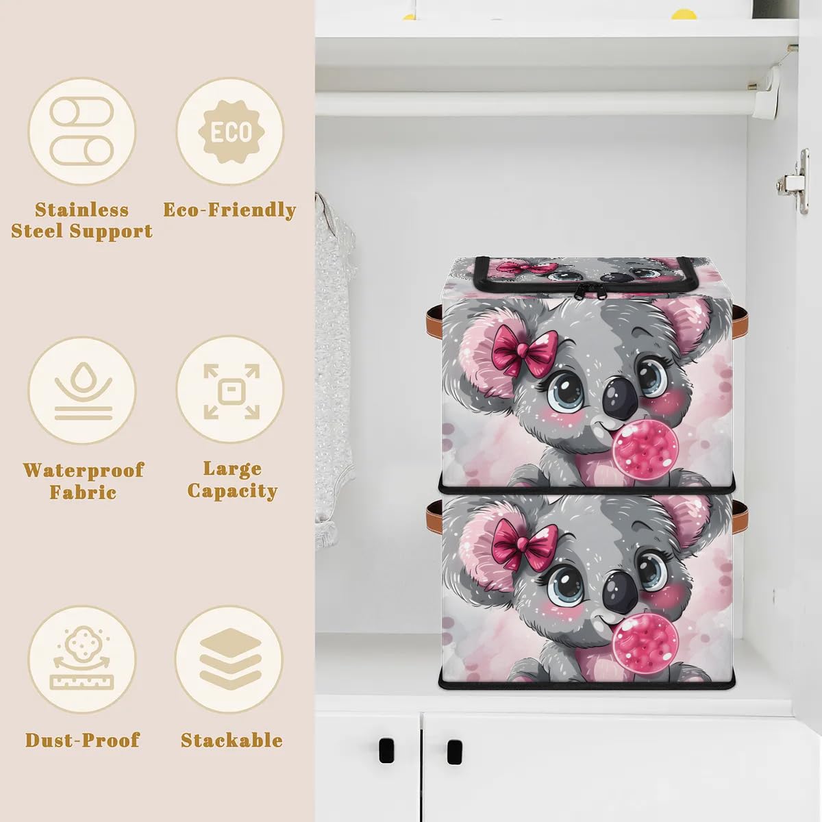 Cute Koala Bow Storage Bins with Zipper Lid - 2pcs Stackable Closet Organizer Baskets with Metal Frame & PU Handles - Perfect for Clothes, Toys, and Home Organization