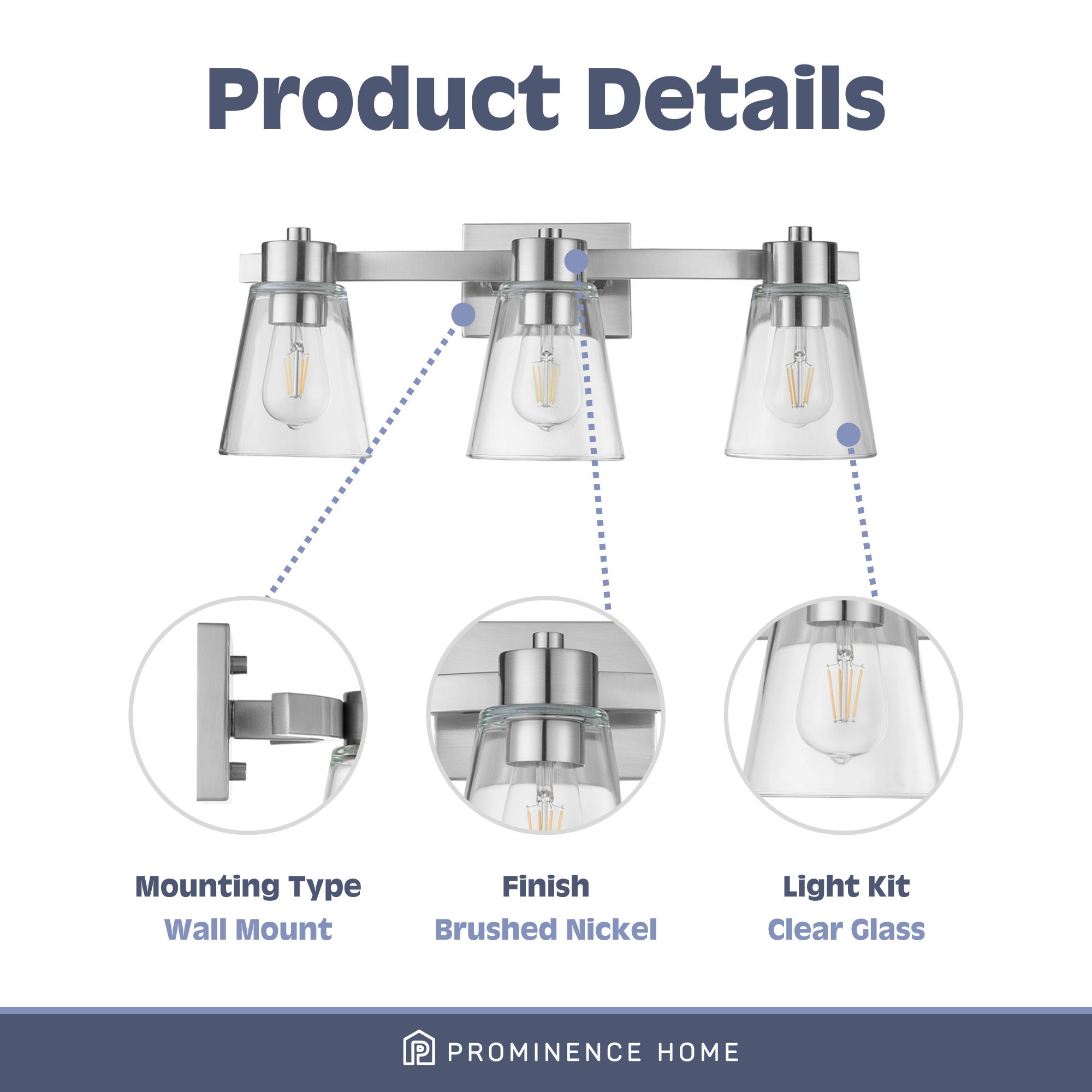 Fairendale 3-Light Brushed Nickel Vanity Light with Clear Glass Shades - Perfect for Bathroom, Bedroom, and Dressing Room Lighting