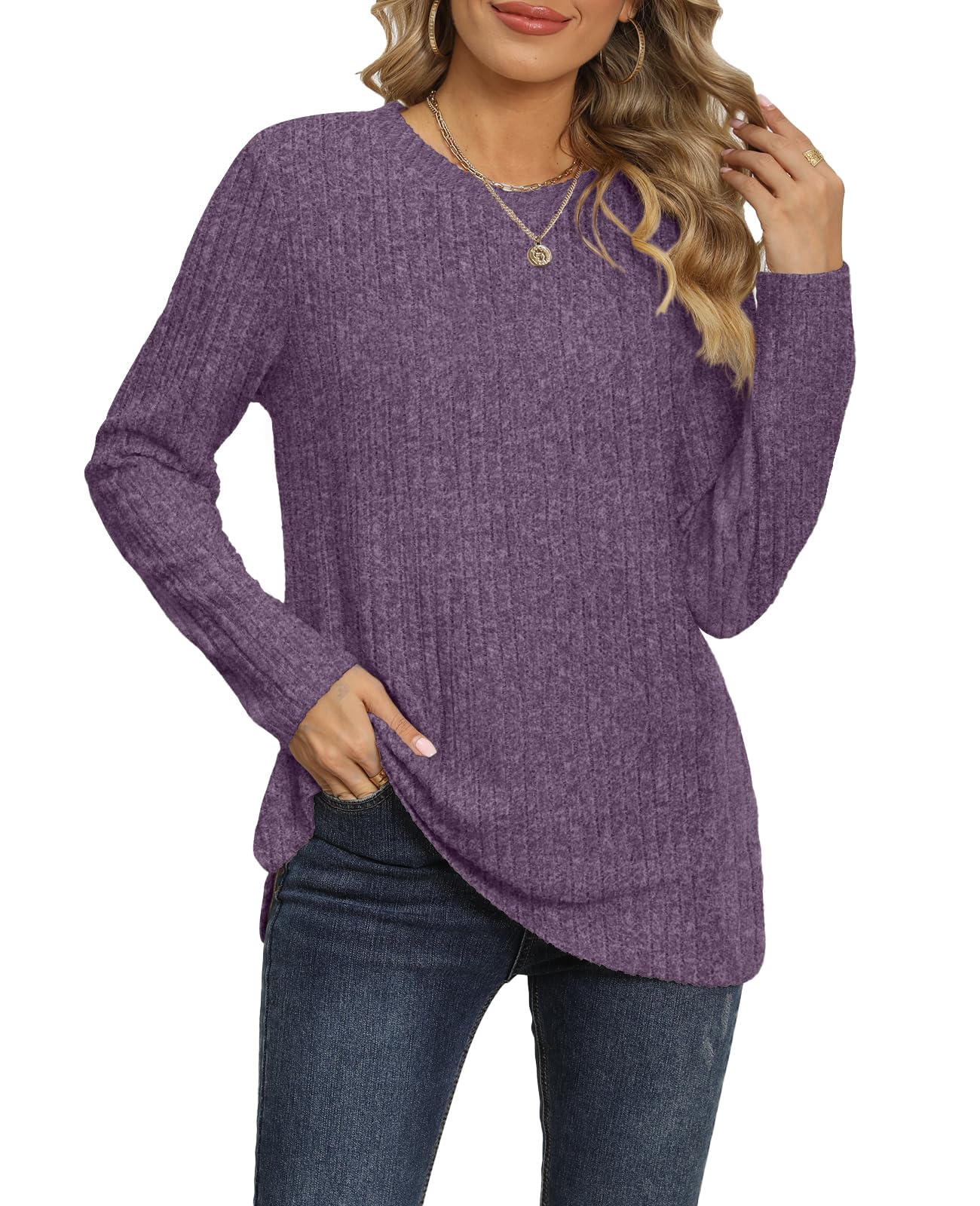 Women's Long Sleeve Crew Neck Tunic Top - Lightweight Solid Color Casual Pullover Shirt for Everyday Wear, Office & Outings